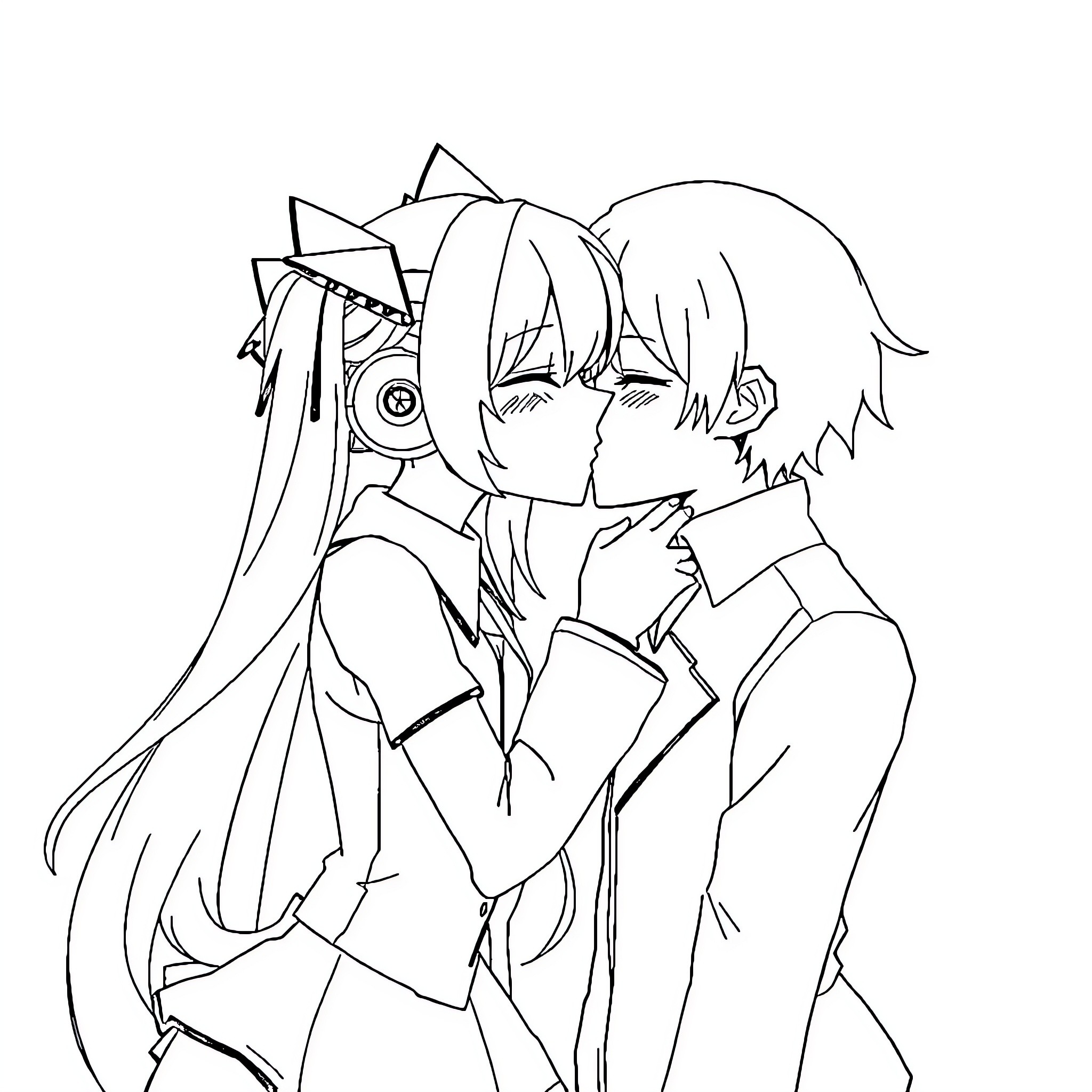 Miku sharing a tender moment with a close friend Coloring Page (free black-and-white line drawing printable PDF for all, from beginners to advanced learners, including children, teens, adults, and seniors)