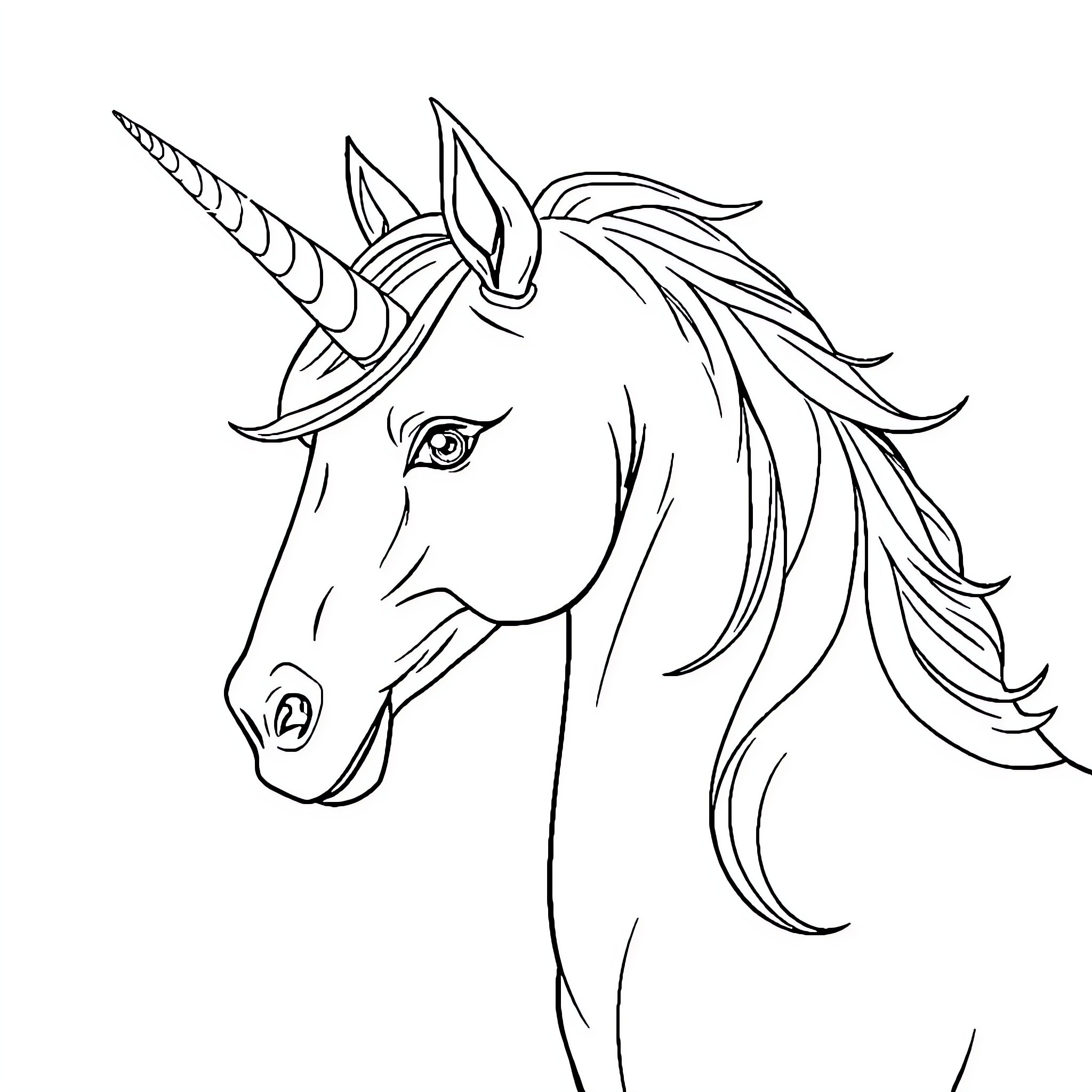 Unicorn with flowing mane and horn Coloring Page (free black-and-white line drawing printable PDF for all, from beginners to advanced learners, including children, teens, adults, and seniors)