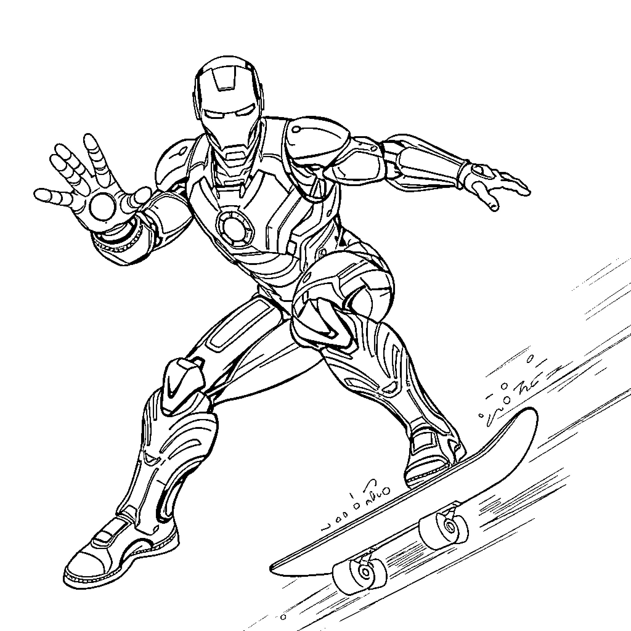 Ironman riding a skateboard in action Coloring Page (free black-and-white line drawing printable PDF for all, from beginners to advanced learners, including children, teens, adults, and seniors)