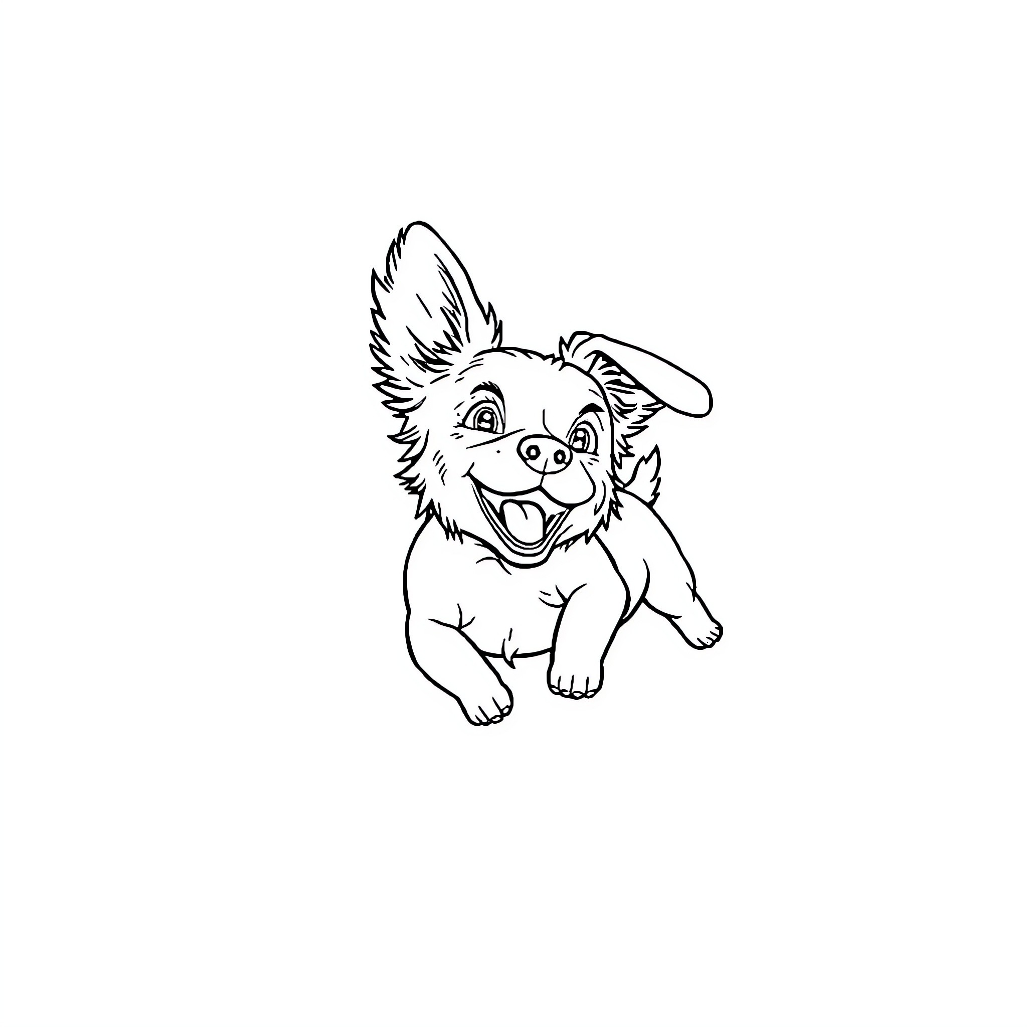 Flying Dog Jumping Joyfully Coloring Page (free black-and-white line drawing printable PDF for all, from beginners to advanced learners, including children, teens, adults, and seniors)