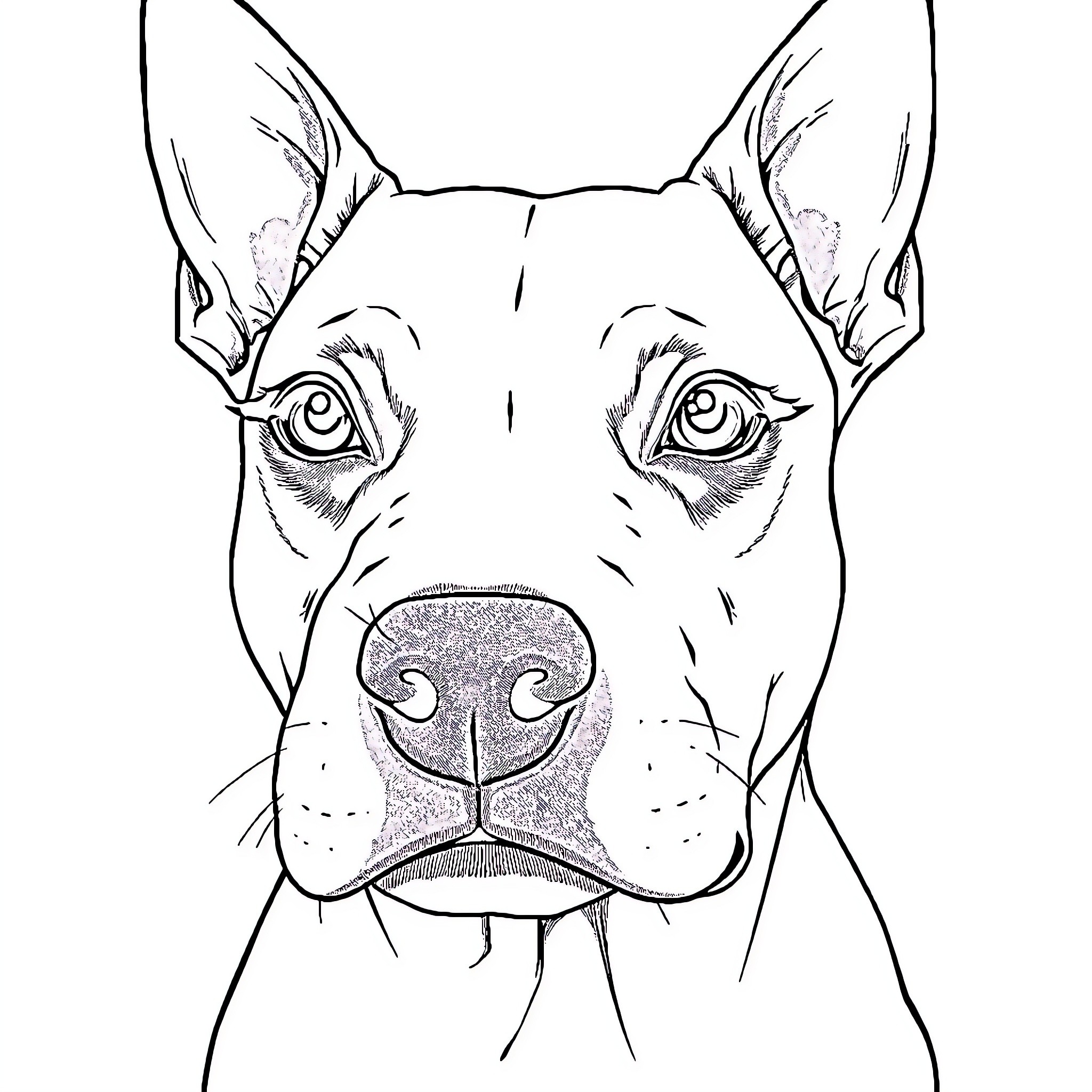 Bull Terrier with Attentive Gaze Coloring Page (free black-and-white line drawing printable PDF for all, from beginners to advanced learners, including children, teens, adults, and seniors)