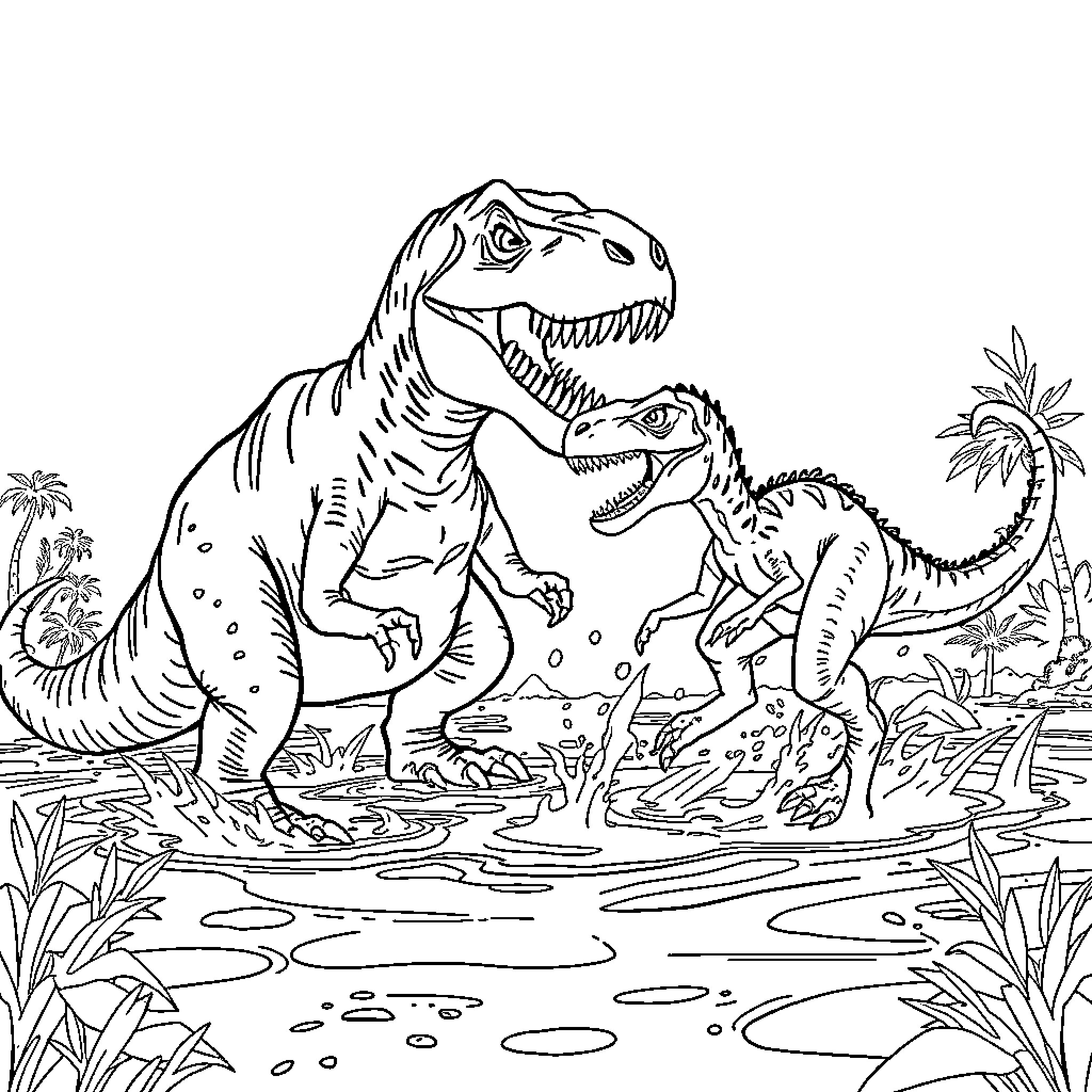 Tyrannosaurus Rex Roaring Fiercely in Prehistoric Landscape Coloring Page (free black-and-white line drawing printable PDF for all, from beginners to advanced learners, including children, teens, adults, and seniors)