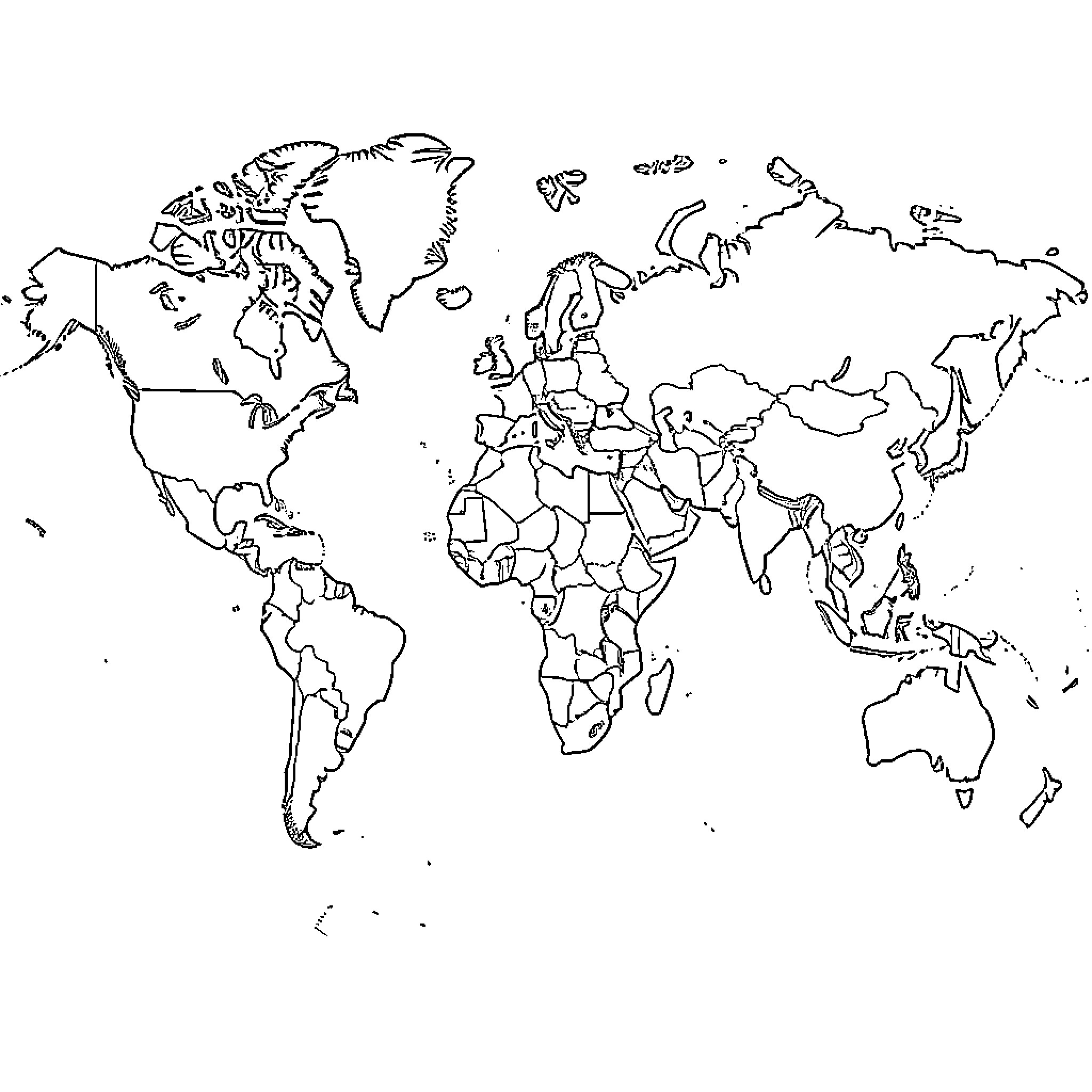 World Map showing outlines of continents and countries Coloring Page (free black-and-white line drawing printable PDF for all, from beginners to advanced learners, including children, teens, adults, and seniors)