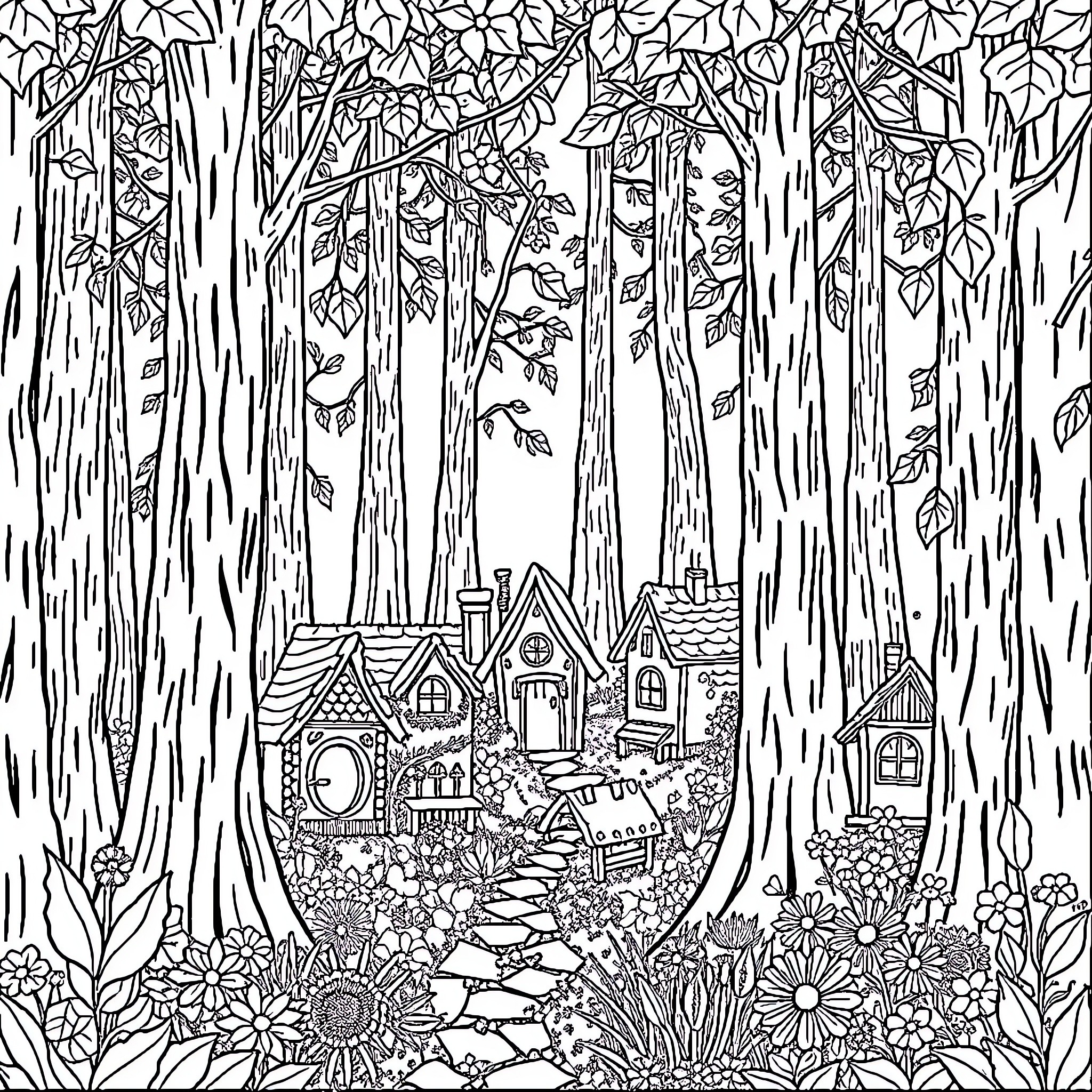 Fairy Cottage in Enchanted Forest Coloring Page (free black-and-white line drawing printable PDF for all, from beginners to advanced learners, including children, teens, adults, and seniors)