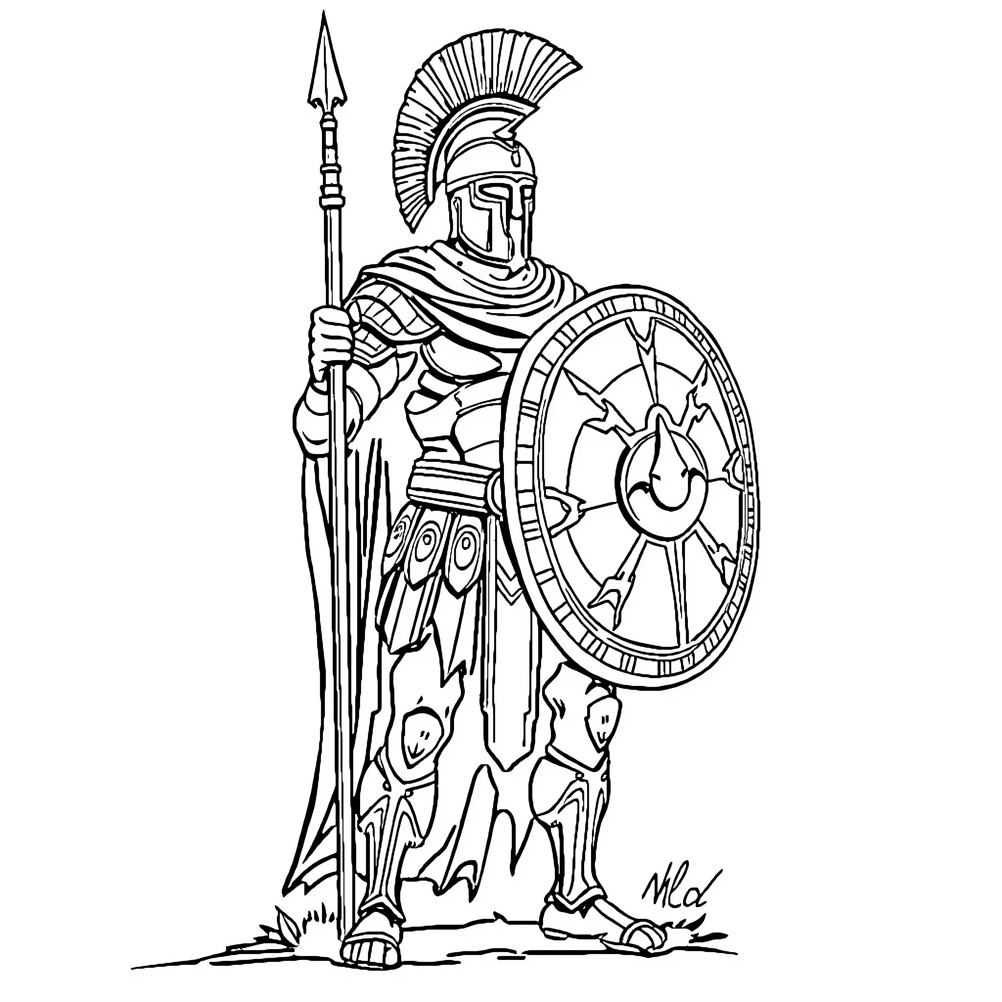 Spartan warrior standing with spear and shield Coloring Page (free black-and-white line drawing printable PDF for all, from beginners to advanced learners, including children, teens, adults, and seniors)
