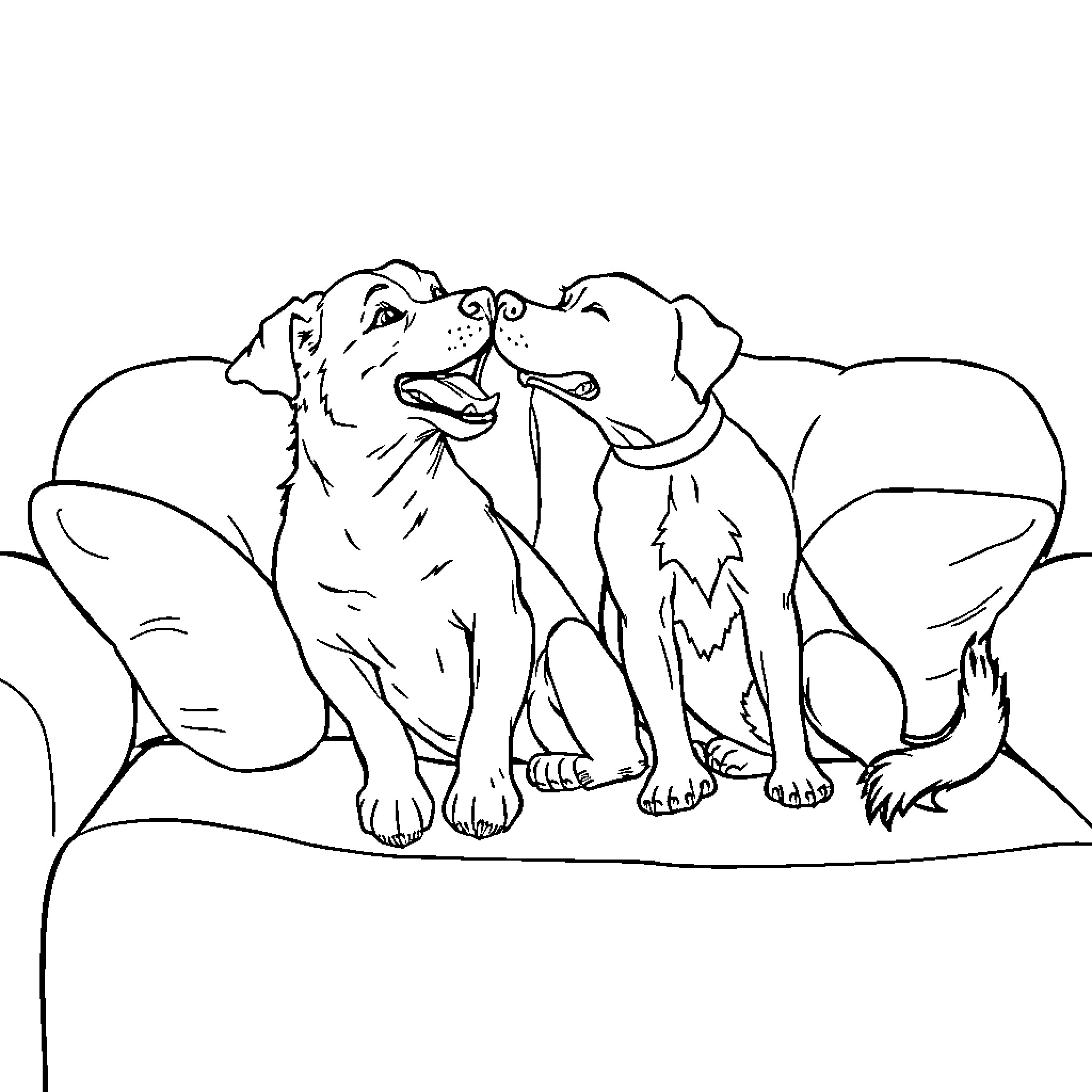 Dog companions relaxing on the couch Coloring Page (free black-and-white line drawing printable PDF for all, from beginners to advanced learners, including children, teens, adults, and seniors)