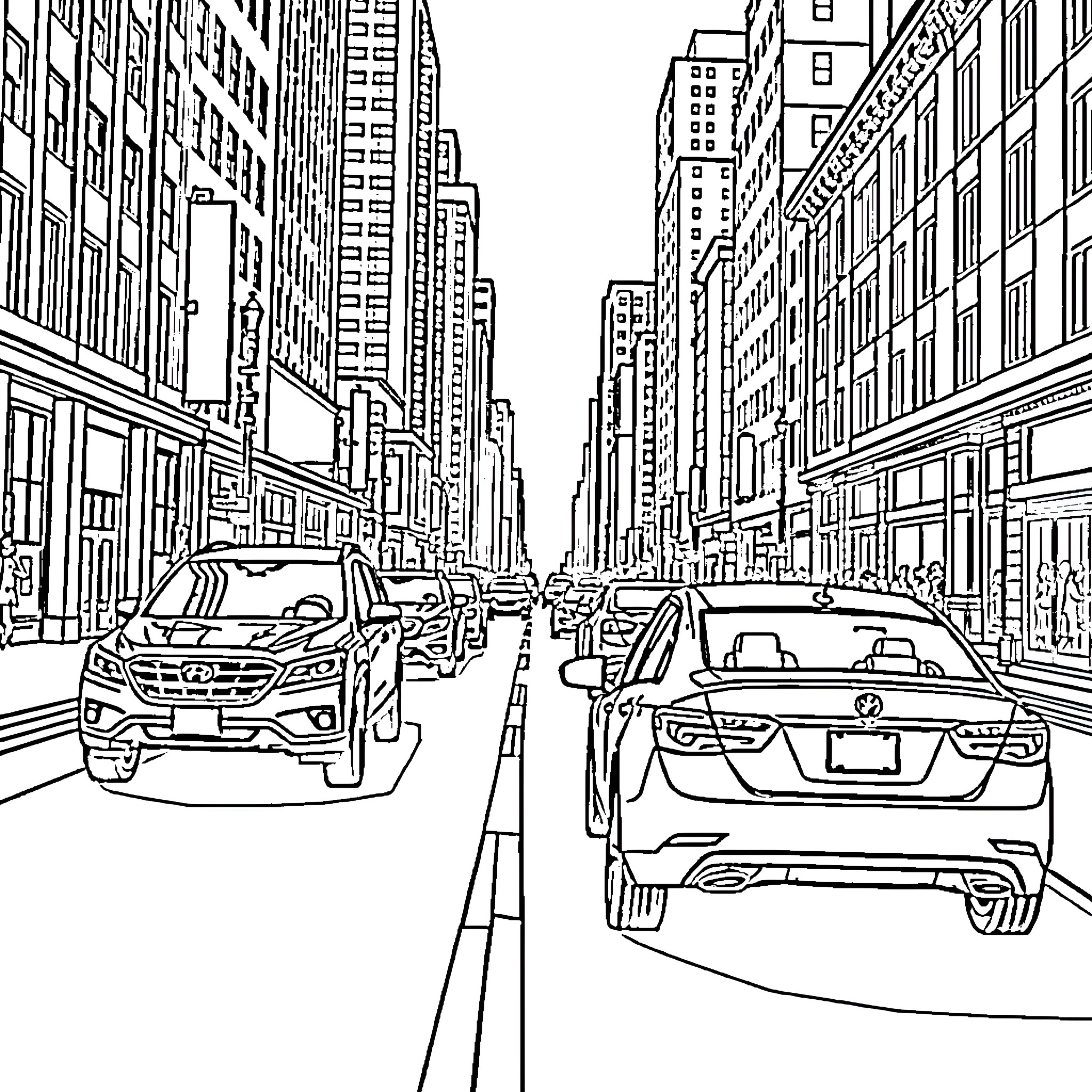 Cars traveling on a busy city street Coloring Page (free black-and-white line drawing printable PDF for all, from beginners to advanced learners, including children, teens, adults, and seniors)
