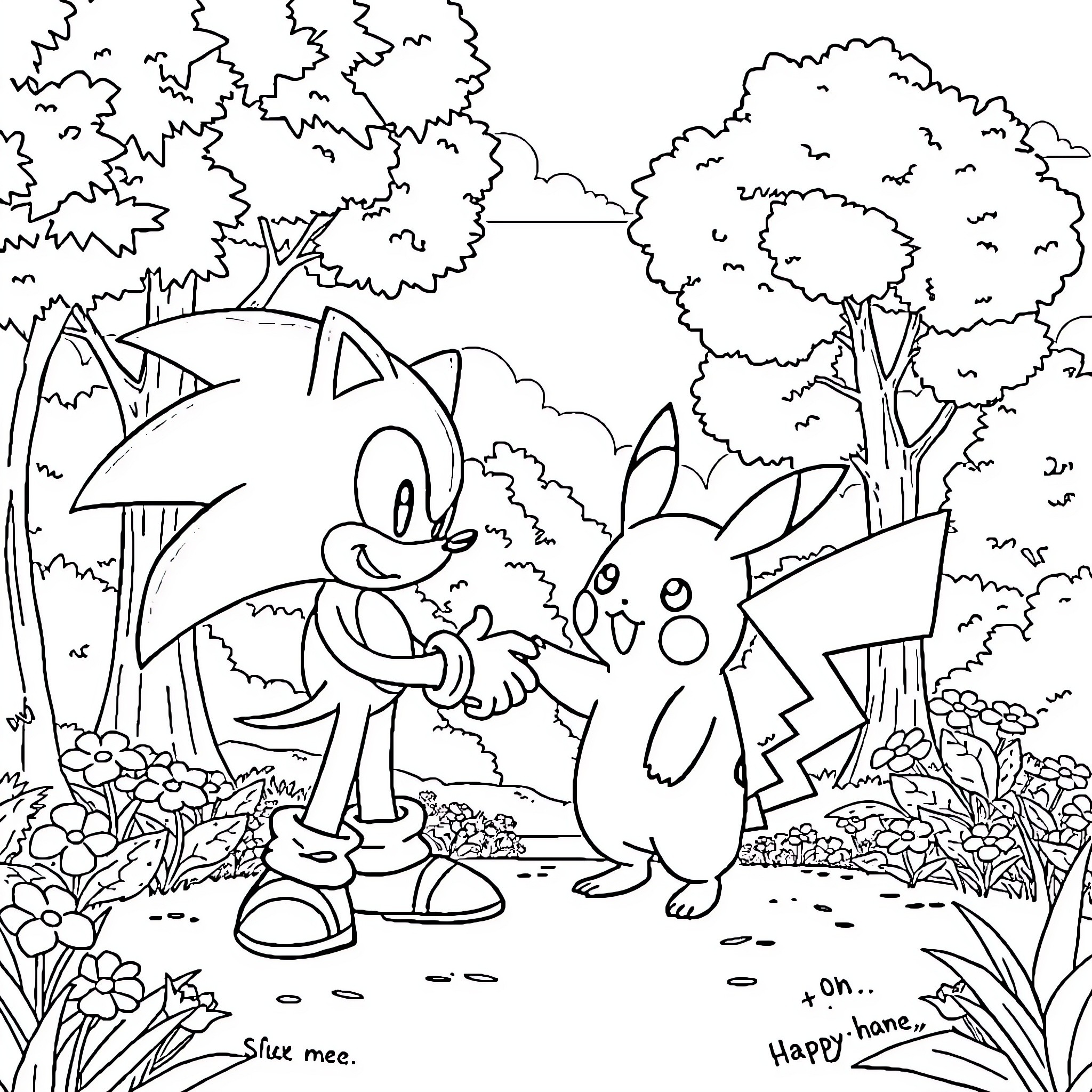 Sonic's Peaceful Adventure in the Enchanted Forest Coloring Page (free black-and-white line drawing printable PDF for all, from beginners to advanced learners, including children, teens, adults, and seniors)