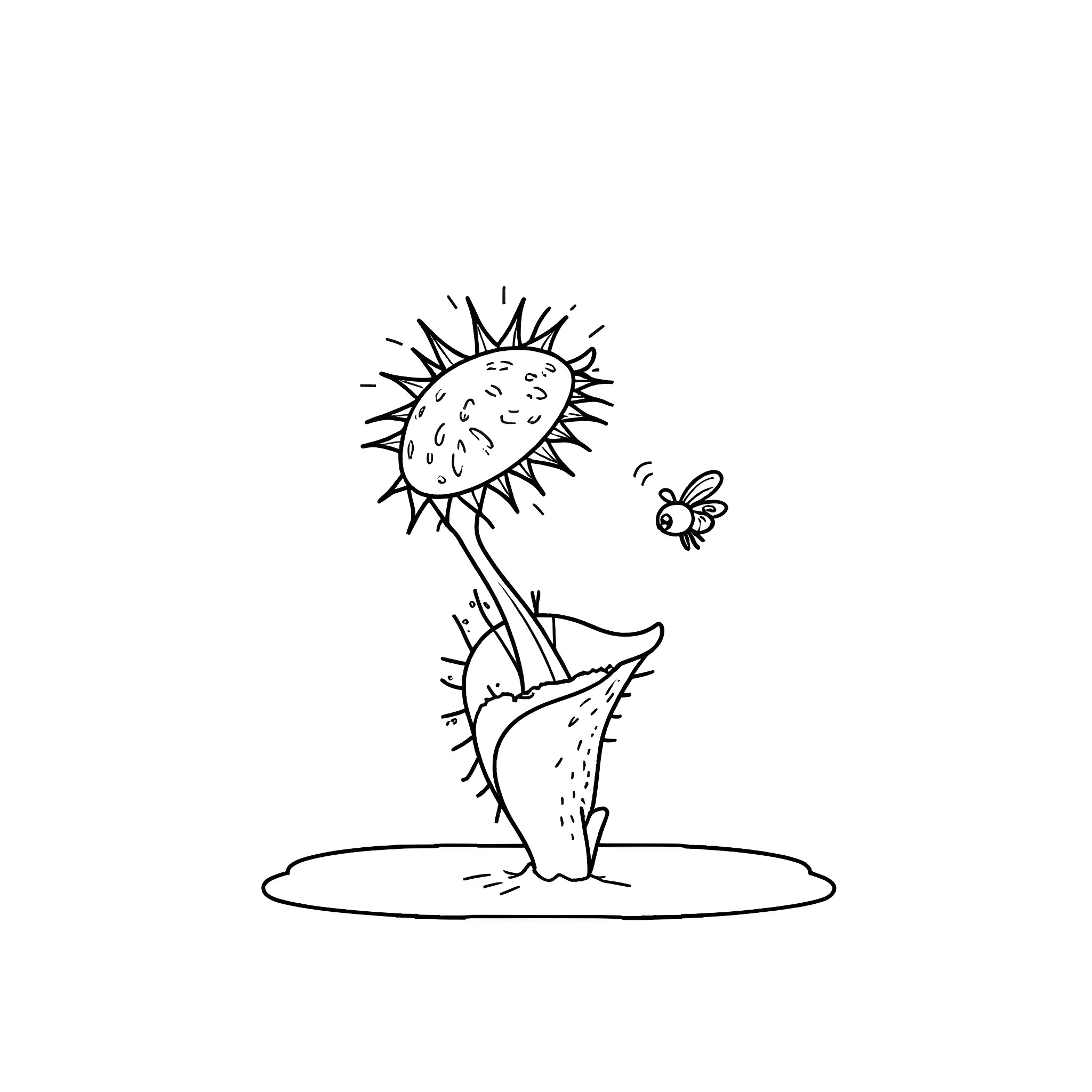 Venus Flytrap catching a buzzing bee Coloring Page (free black-and-white line drawing printable PDF for all, from beginners to advanced learners, including children, teens, adults, and seniors)