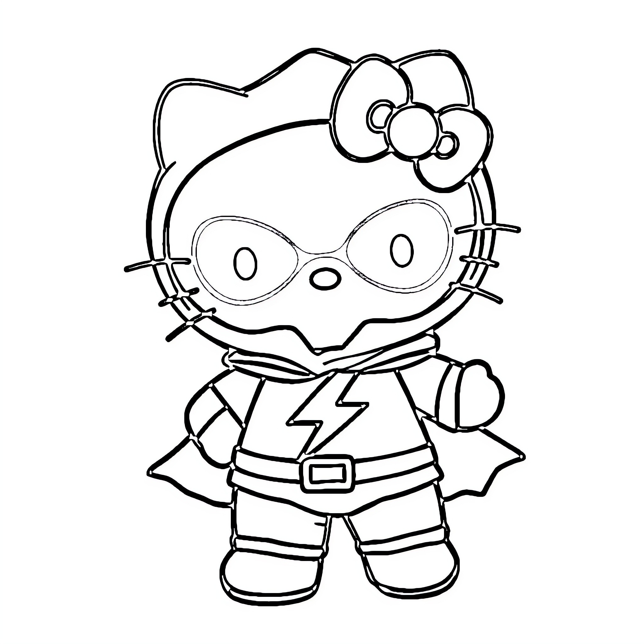 Hello Kitty in Superhero Costume Coloring Page (free black-and-white line drawing printable PDF for all, from beginners to advanced learners, including children, teens, adults, and seniors)