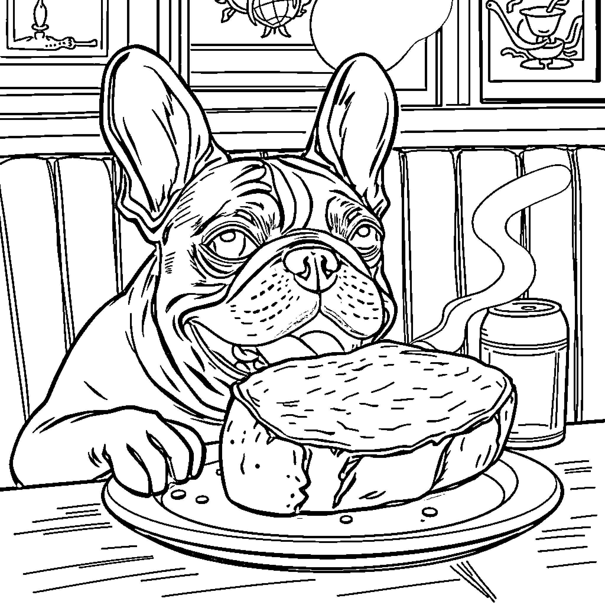 French Bulldog enjoying a tasty meal Coloring Page (free black-and-white line drawing printable PDF for all, from beginners to advanced learners, including children, teens, adults, and seniors)