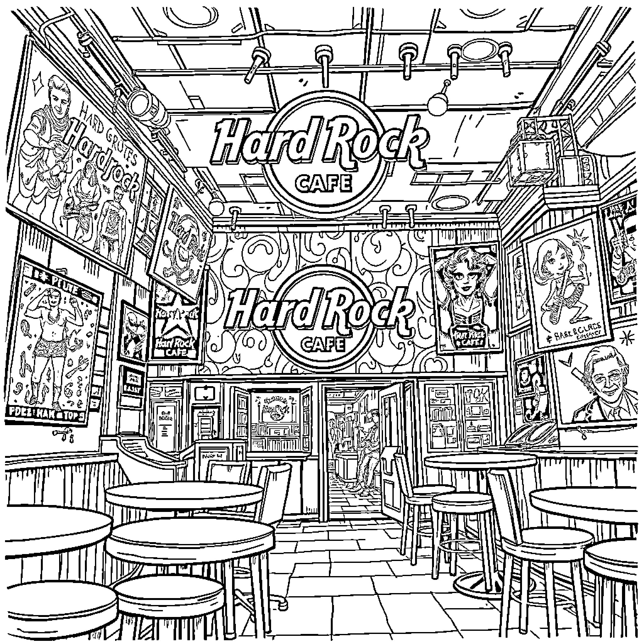 Hard Rock Cafe with Vibrant Decor and Lively Atmosphere Coloring Page (free black-and-white line drawing printable PDF for all, from beginners to advanced learners, including children, teens, adults, and seniors)