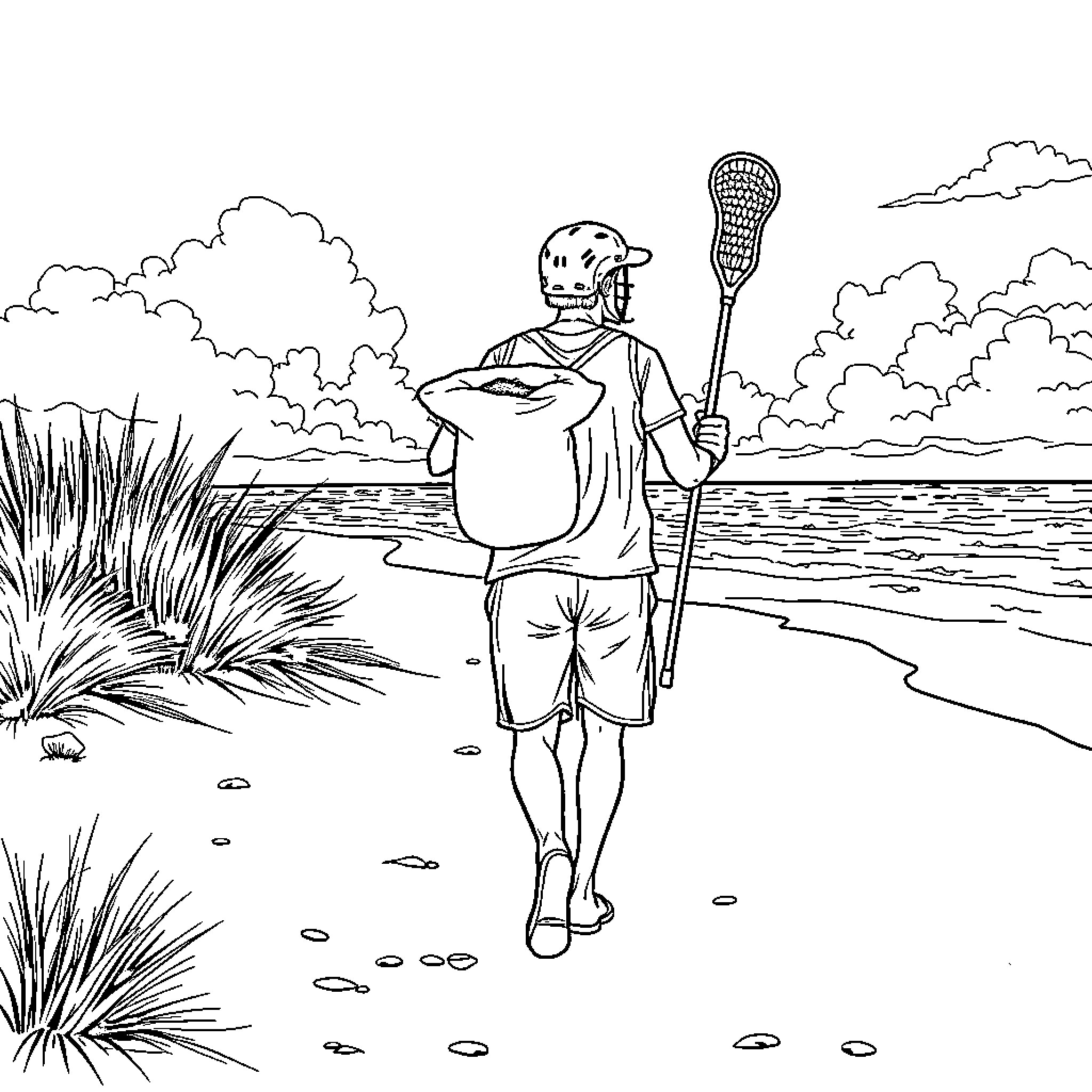 Lacrosse Player Walking Along the Beach Coloring Page (free black-and-white line drawing printable PDF for all, from beginners to advanced learners, including children, teens, adults, and seniors)