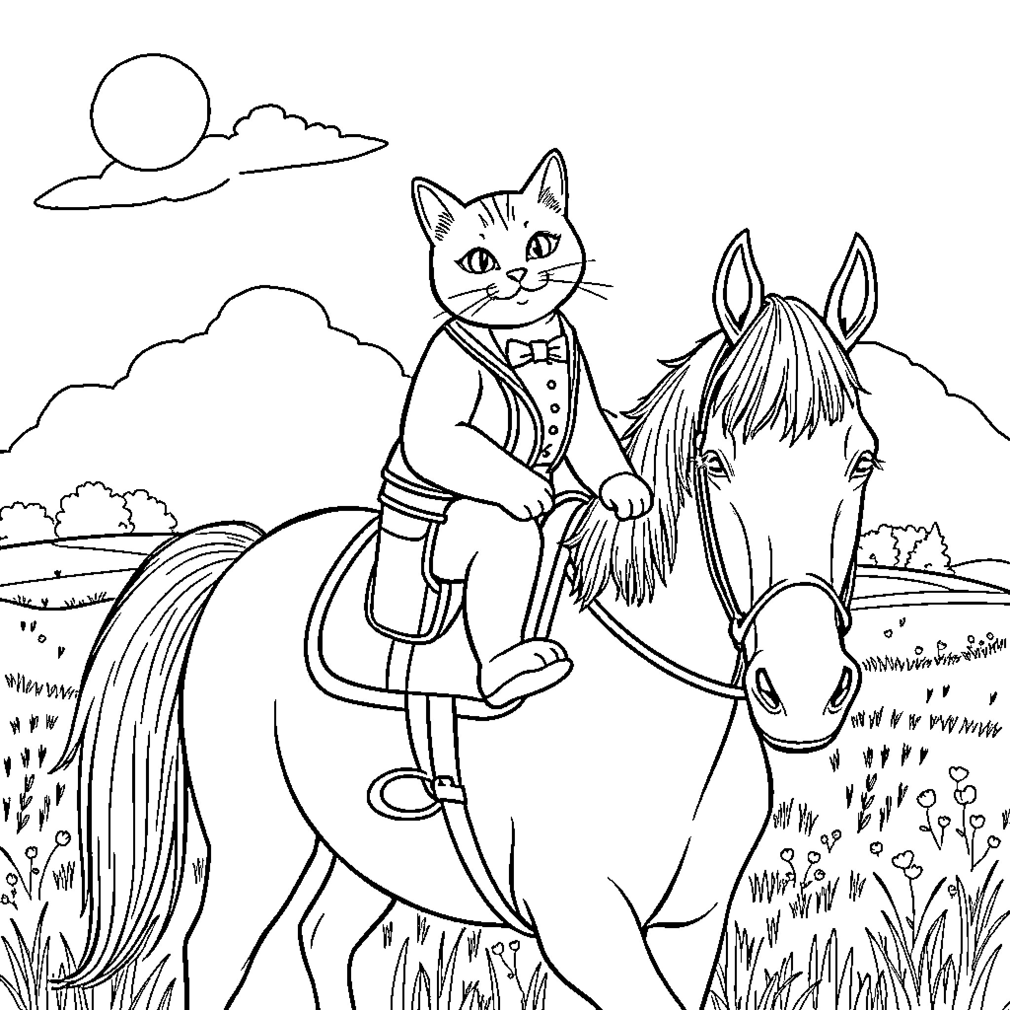 Tuxedo Cat riding a horse in the countryside Coloring Page (free black-and-white line drawing printable PDF for all, from beginners to advanced learners, including children, teens, adults, and seniors)