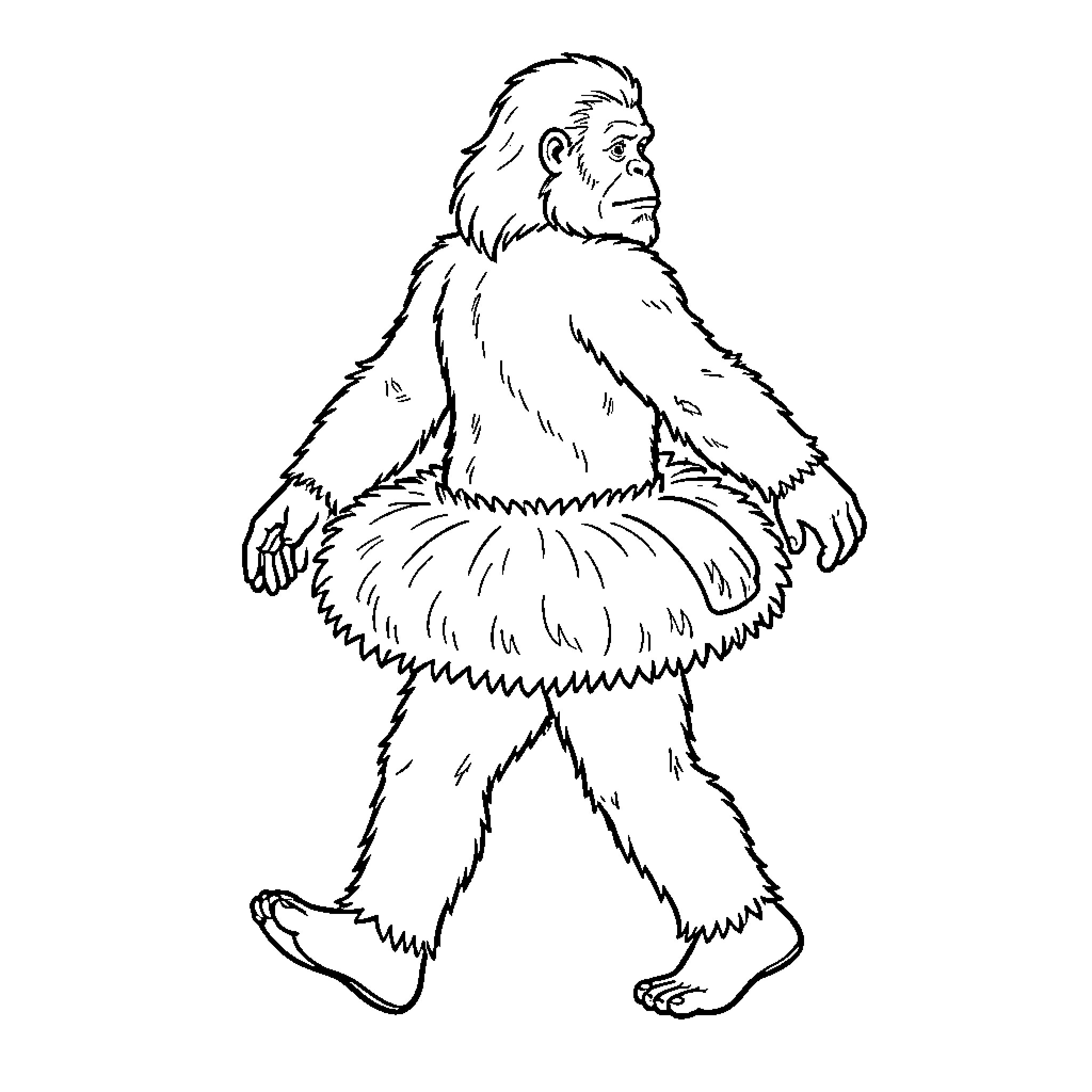 Bigfoot walking through the forest looking behind him Coloring Page (free black-and-white line drawing printable PDF for all, from beginners to advanced learners, including children, teens, adults, and seniors)