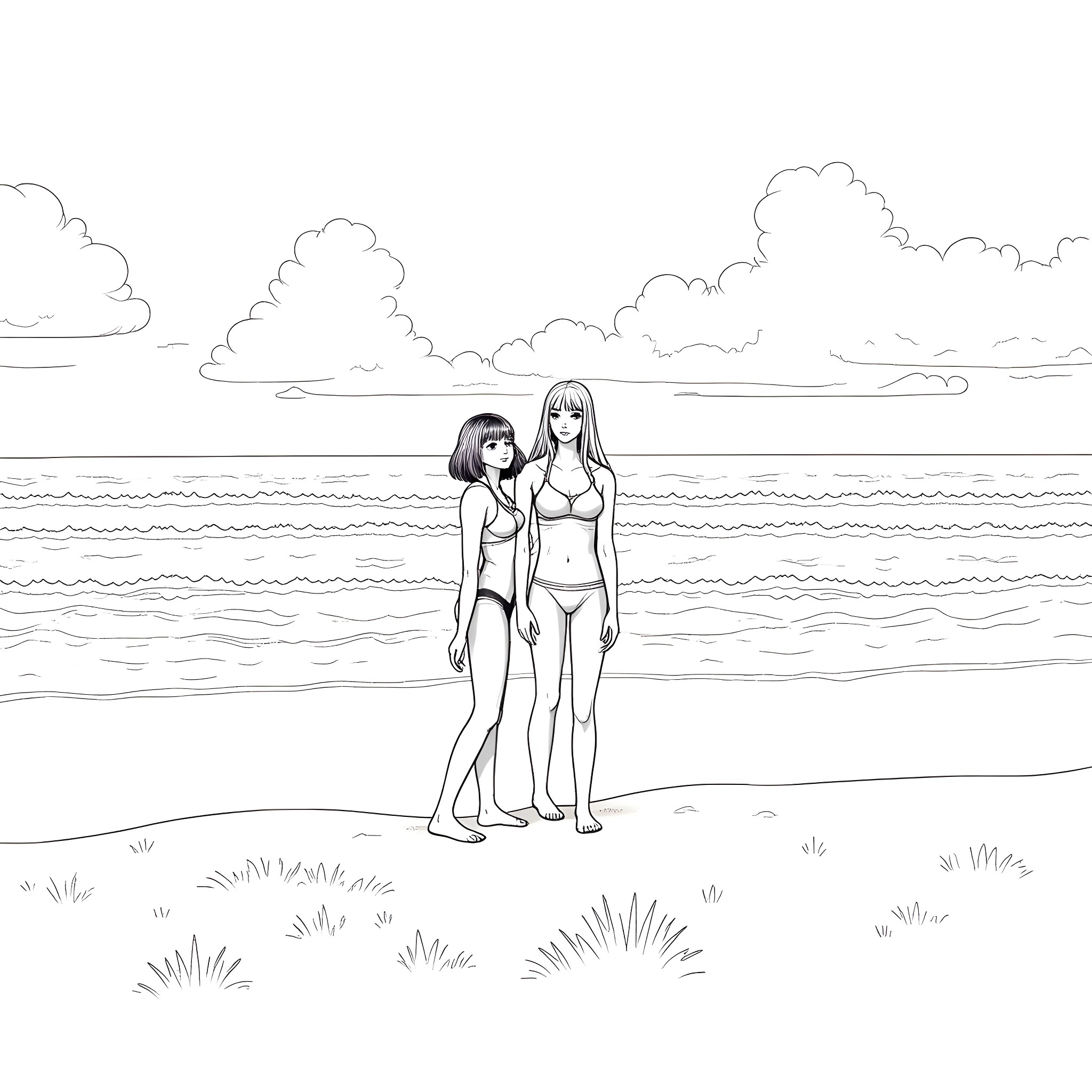 Goth Girls Enjoying Beach Scenery Coloring Page (free black-and-white line drawing printable PDF for all, from beginners to advanced learners, including children, teens, adults, and seniors)