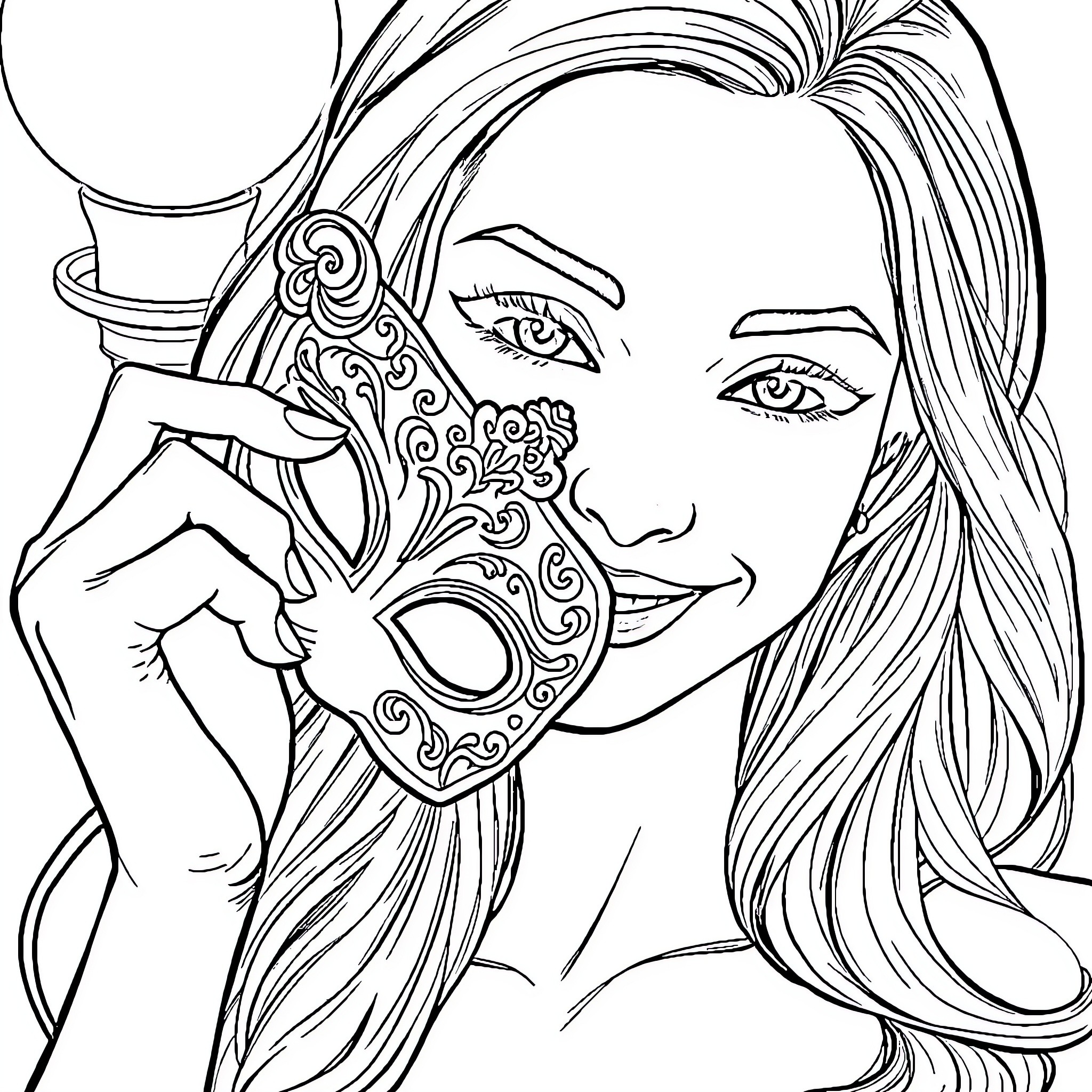 Woman wearing ornate mask in close-up portrait Coloring Page (free black-and-white line drawing printable PDF for all, from beginners to advanced learners, including children, teens, adults, and seniors)