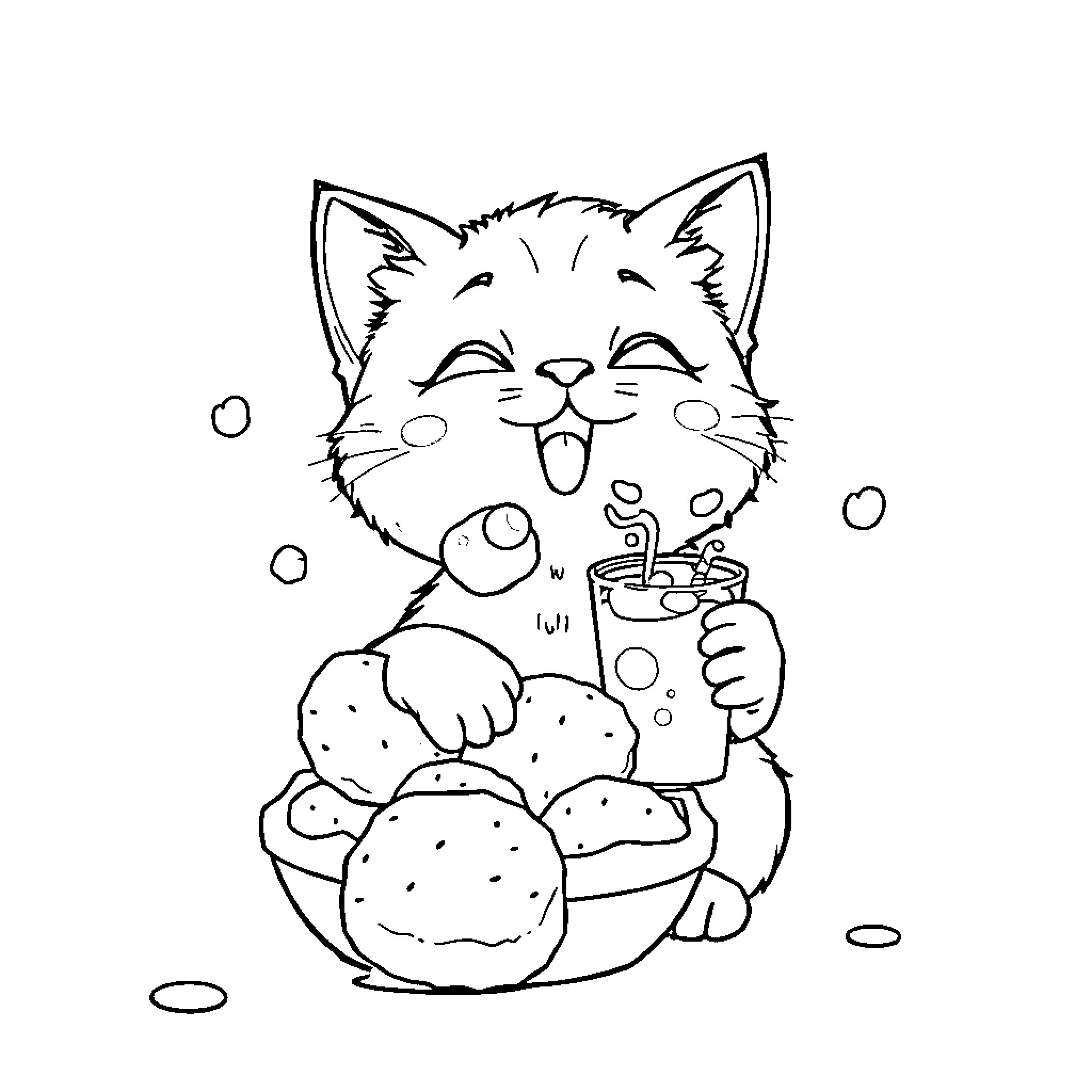 Cat enjoying delicious treats Coloring Page (free black-and-white line drawing printable PDF for all, from beginners to advanced learners, including children, teens, adults, and seniors)