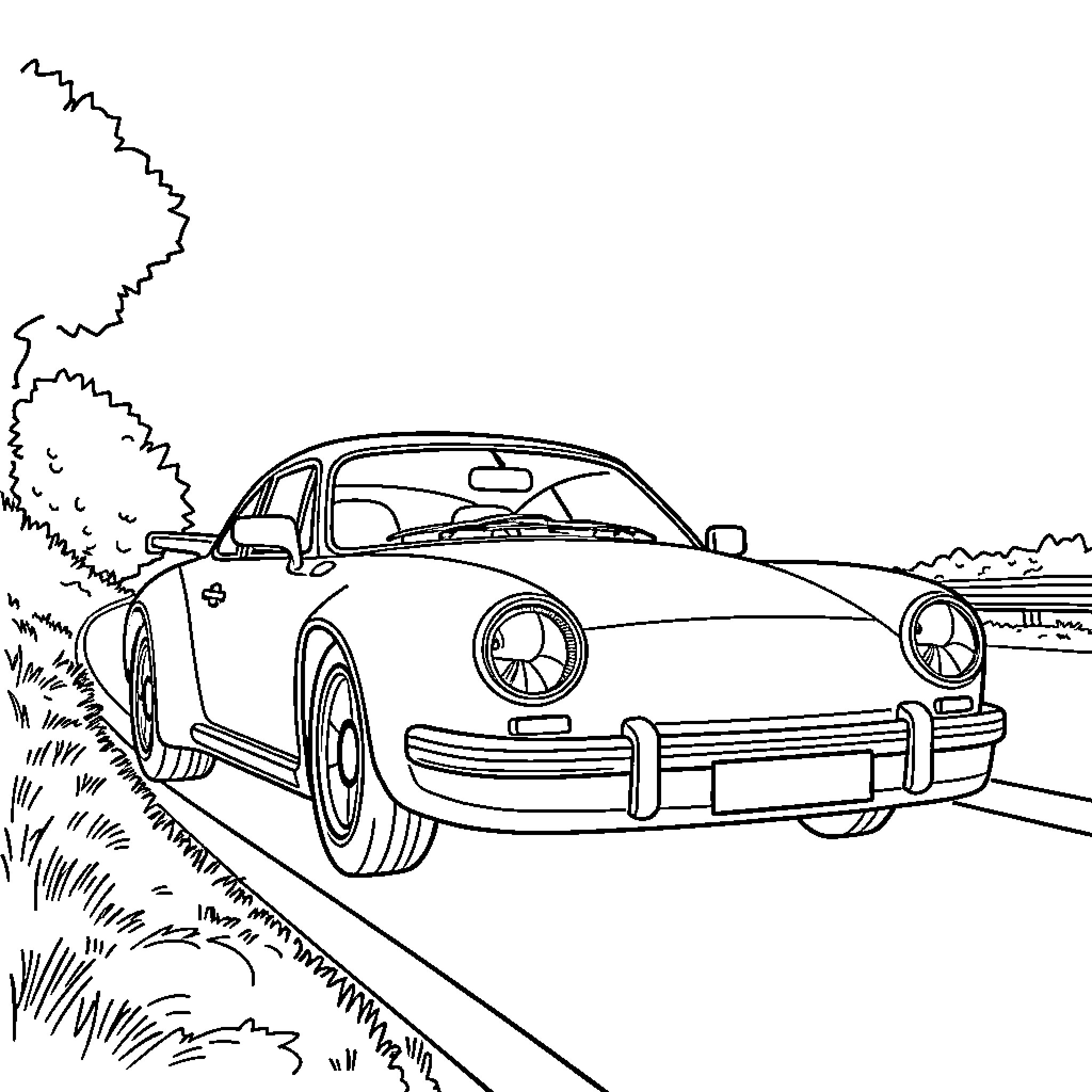 Car speeding on winding road in nature Coloring Page (free black-and-white line drawing printable PDF for all, from beginners to advanced learners, including children, teens, adults, and seniors)