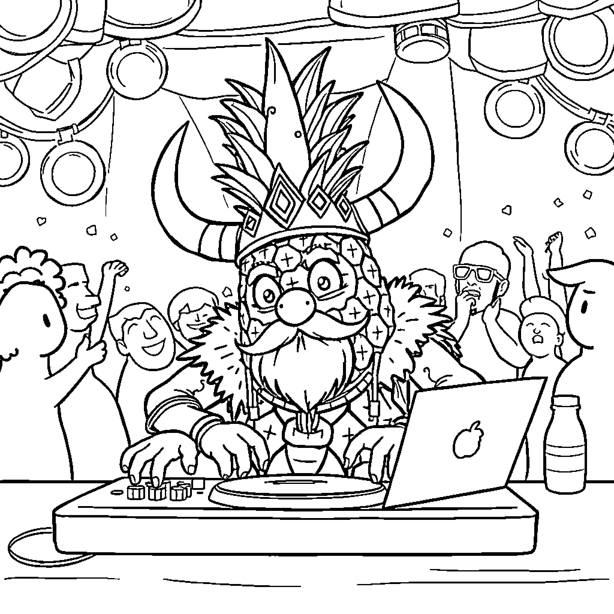 Pineapple-themed party scene with characters Coloring Page (free black-and-white line drawing printable PDF for all, from beginners to advanced learners, including children, teens, adults, and seniors)