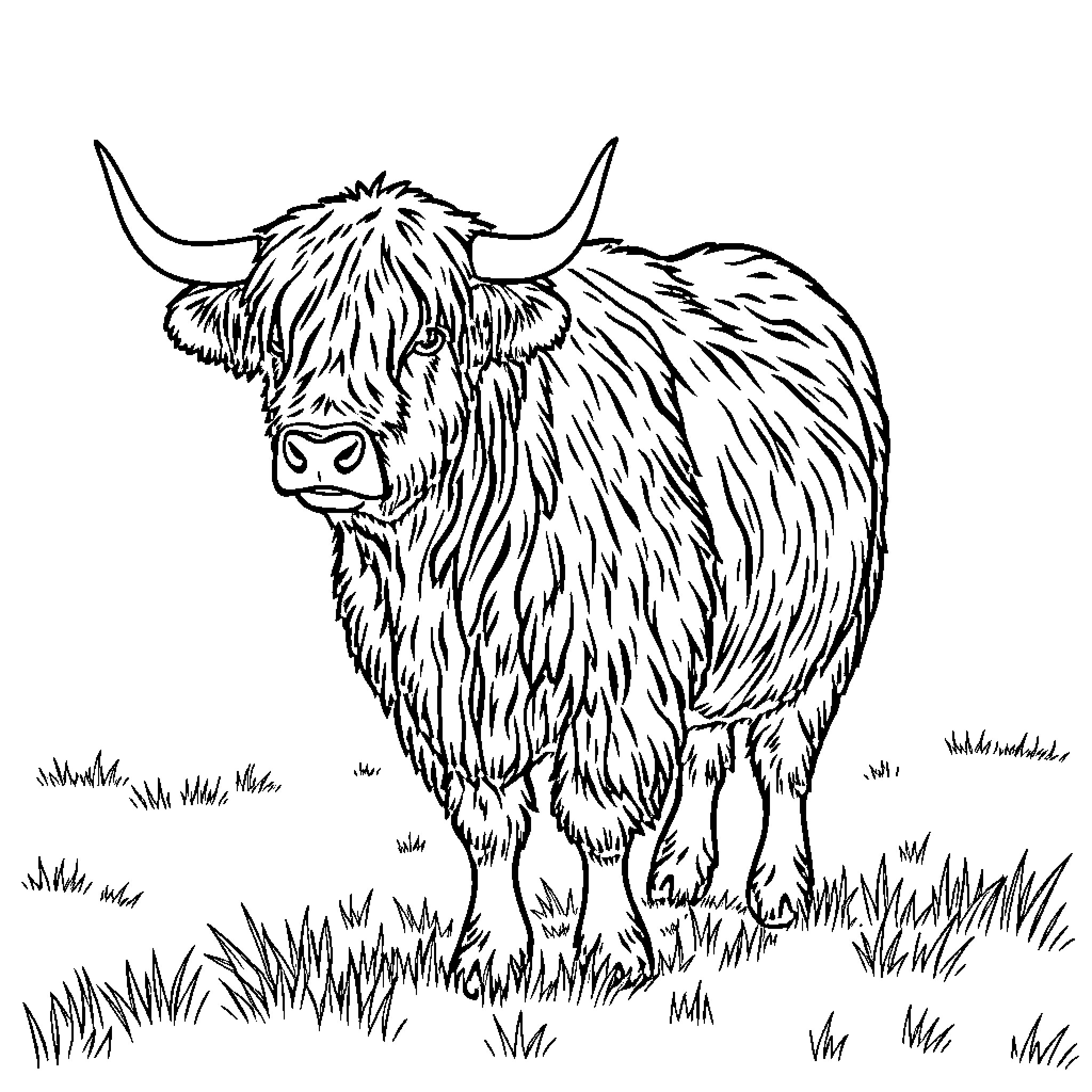 Highland Cow standing amidst tall grass Coloring Page (free black-and-white line drawing printable PDF for all, from beginners to advanced learners, including children, teens, adults, and seniors)