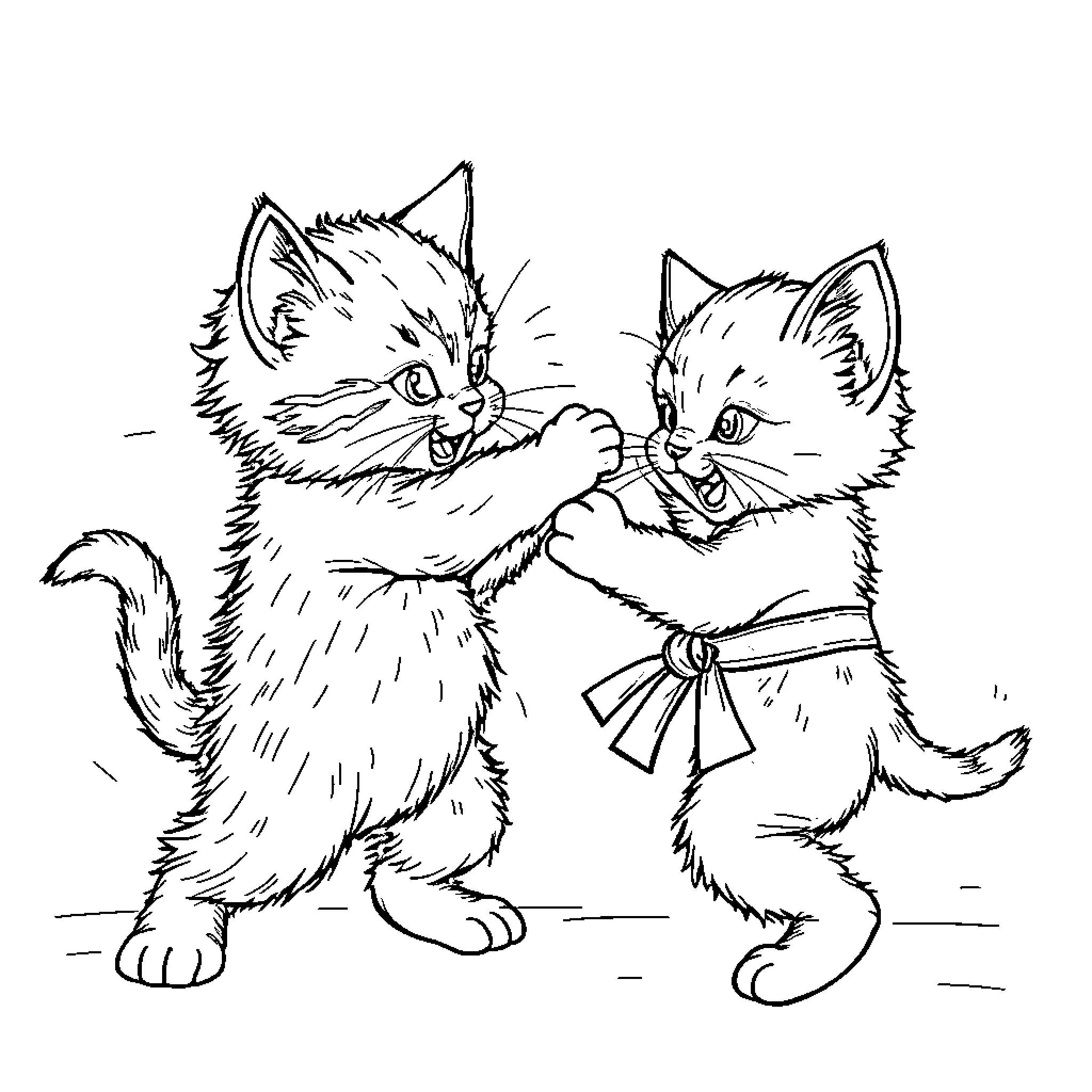 Kittens playing and embracing each other Coloring Page (free black-and-white line drawing printable PDF for all, from beginners to advanced learners, including children, teens, adults, and seniors)
