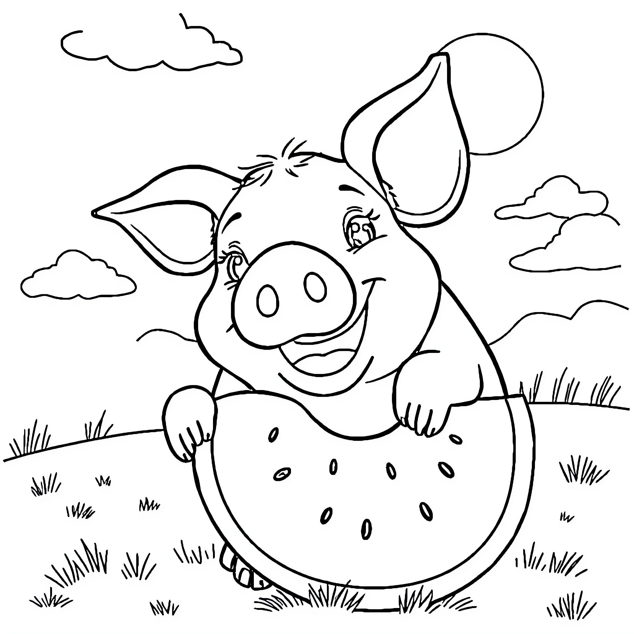 Pig playing happily in the field Coloring Page (free black-and-white line drawing printable PDF for all, from beginners to advanced learners, including children, teens, adults, and seniors)