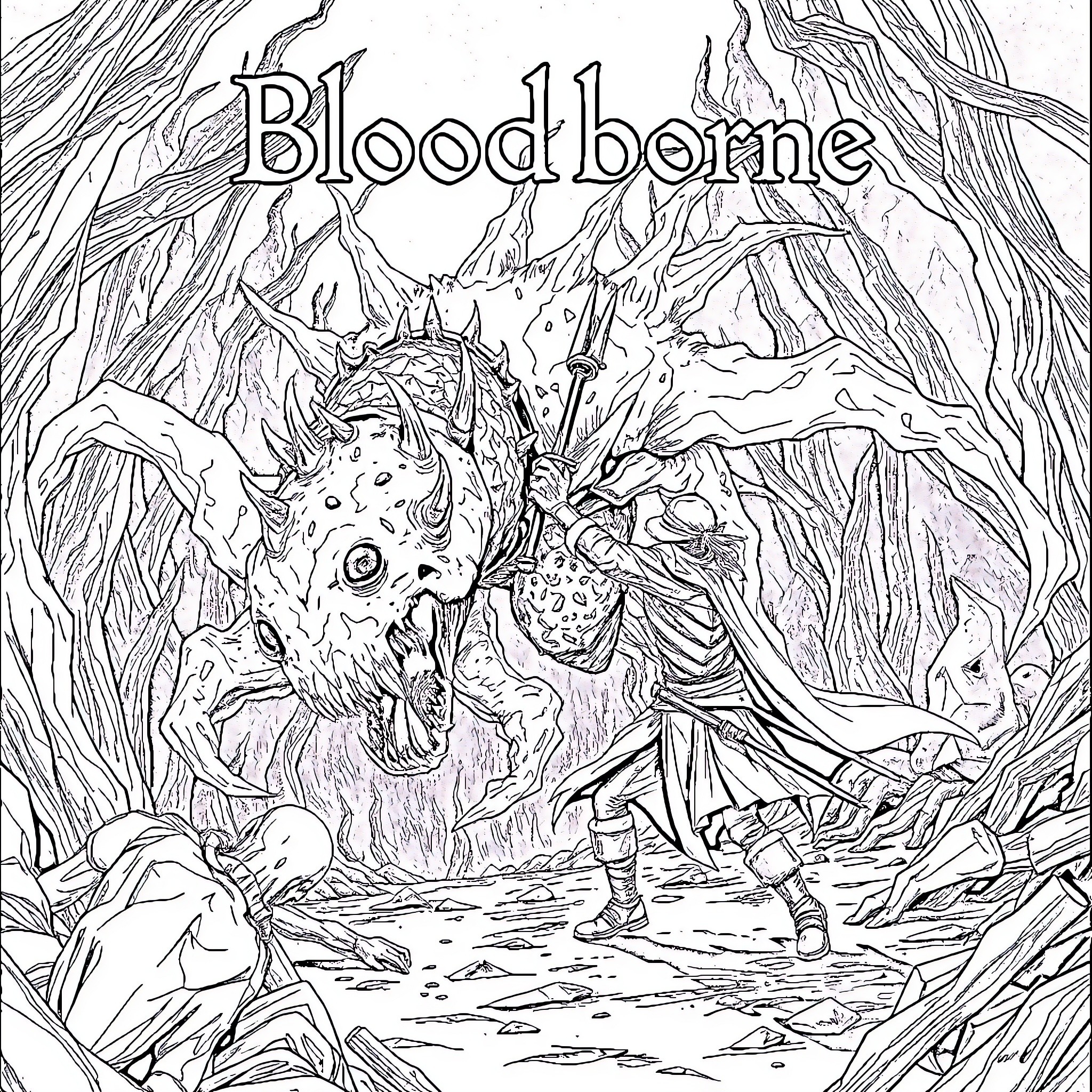 Hunter battles fearsome bloodborne creature in treacherous terrain Coloring Page (free black-and-white line drawing printable PDF for all, from beginners to advanced learners, including children, teens, adults, and seniors)