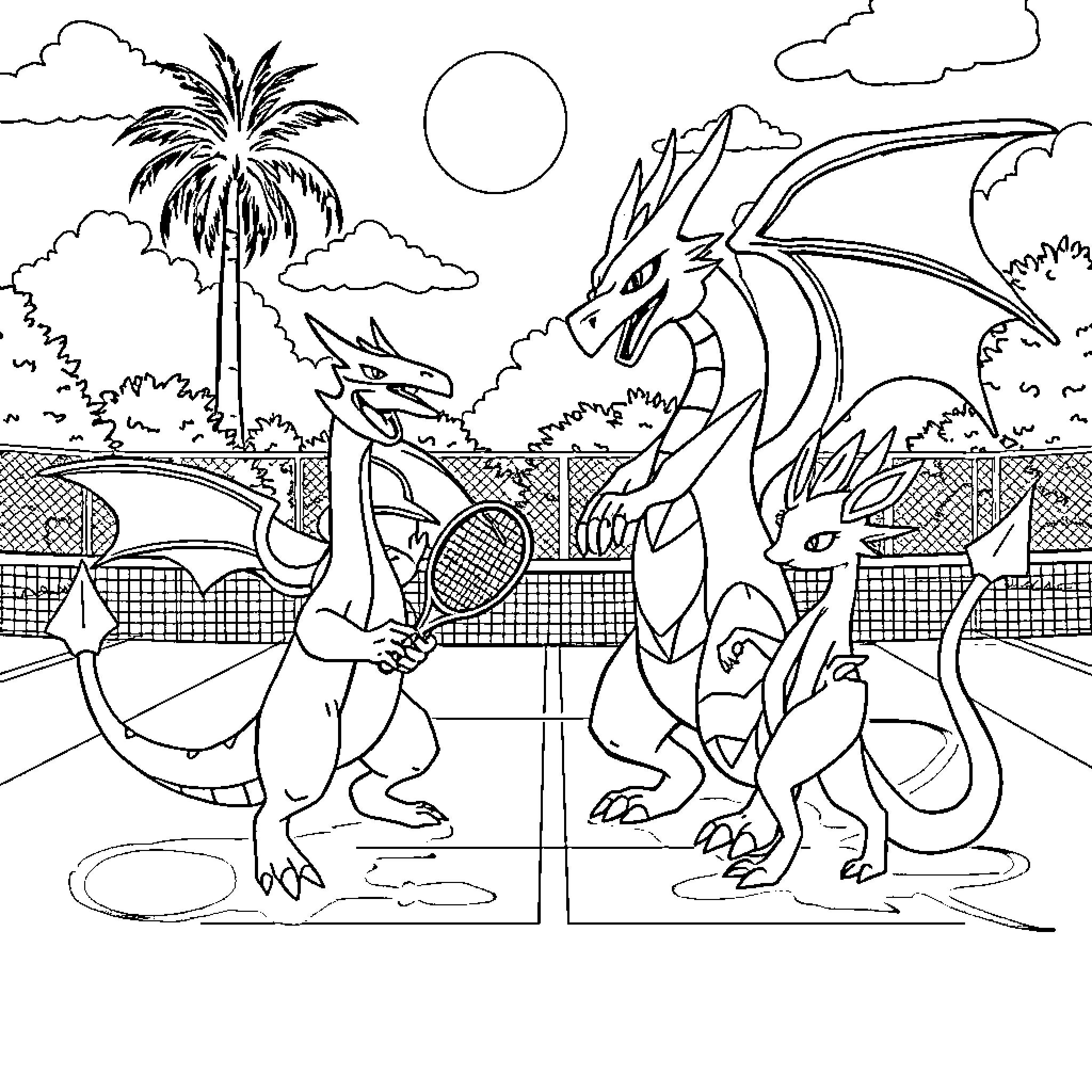 Pokémon playing a game of tennis outdoors Coloring Page (free black-and-white line drawing printable PDF for all, from beginners to advanced learners, including children, teens, adults, and seniors)