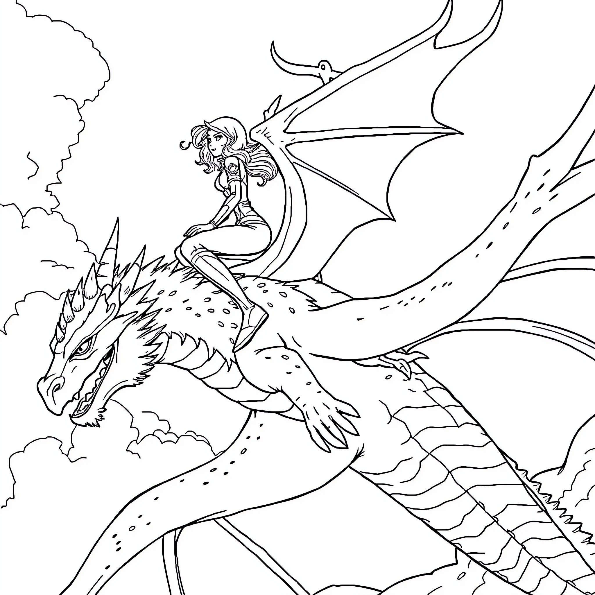 Black Widow riding a majestic dragon in action Coloring Page (free black-and-white line drawing printable PDF for all, from beginners to advanced learners, including children, teens, adults, and seniors)