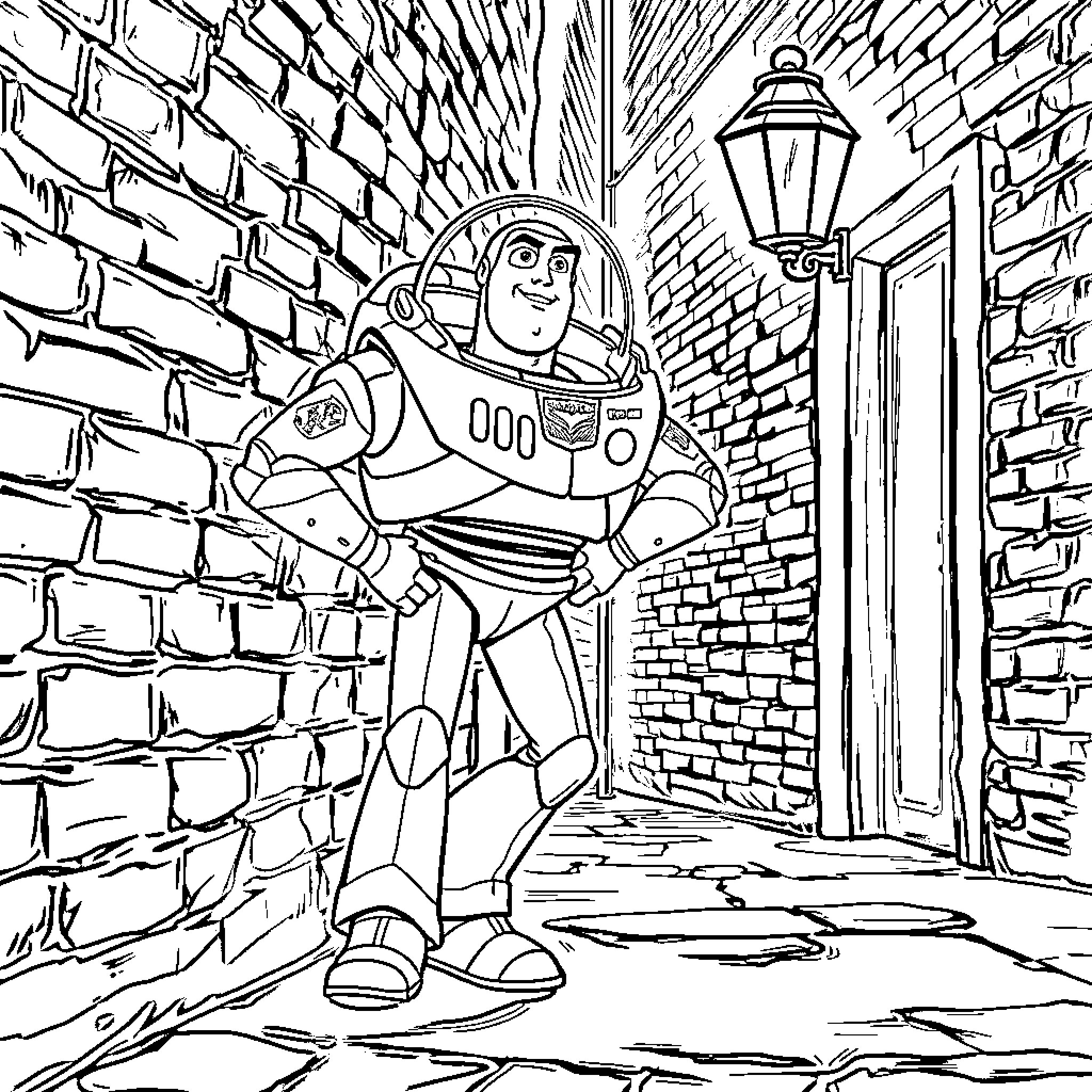 Buzz Lightyear exploring the alley Coloring Page (free black-and-white line drawing printable PDF for all, from beginners to advanced learners, including children, teens, adults, and seniors)