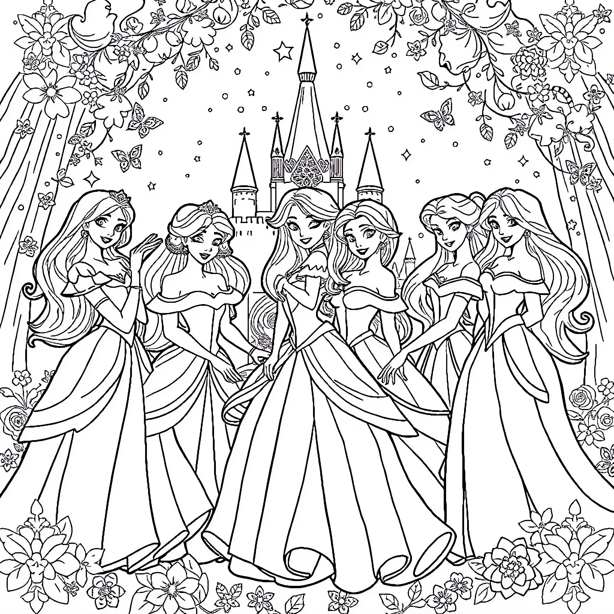 Princess and her royal court in enchanting castle scene Coloring Page (free black-and-white line drawing printable PDF for all, from beginners to advanced learners, including children, teens, adults, and seniors)