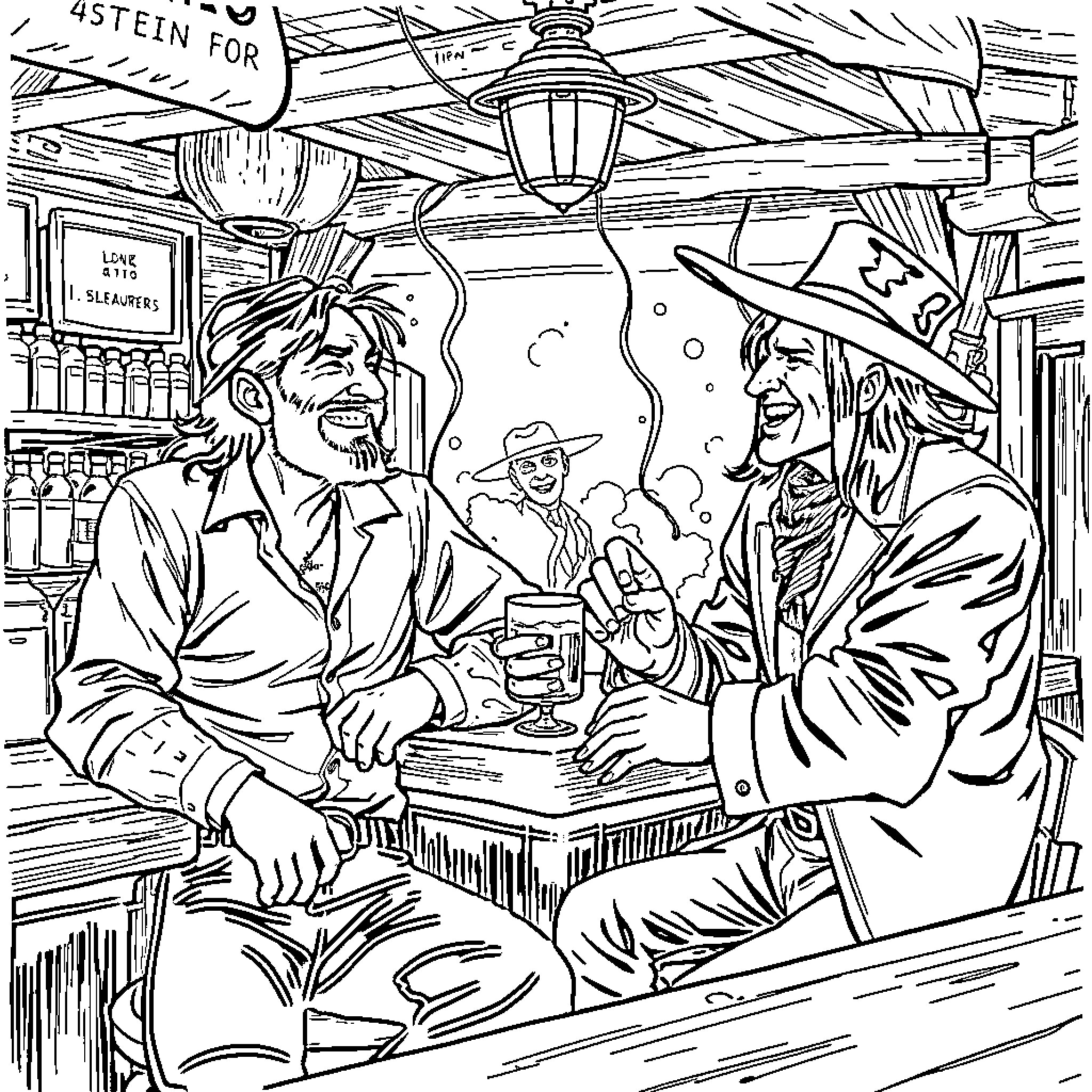 Arthur Morgan Having Drinks with Friends at the Saloon Coloring Page (free black-and-white line drawing printable PDF for all, from beginners to advanced learners, including children, teens, adults, and seniors)