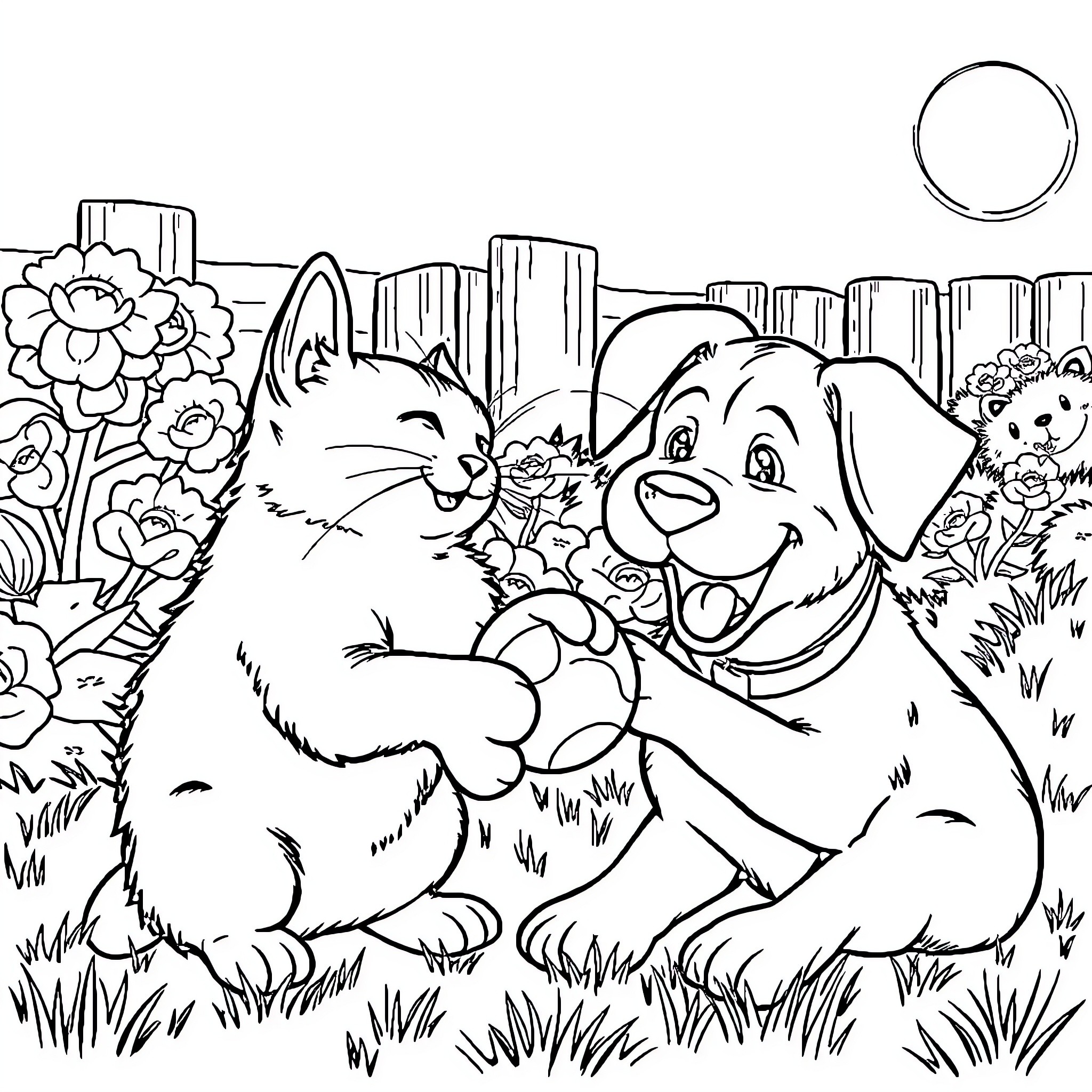 Cat and dog playing together in a floral landscape Coloring Page (free black-and-white line drawing printable PDF for all, from beginners to advanced learners, including children, teens, adults, and seniors)