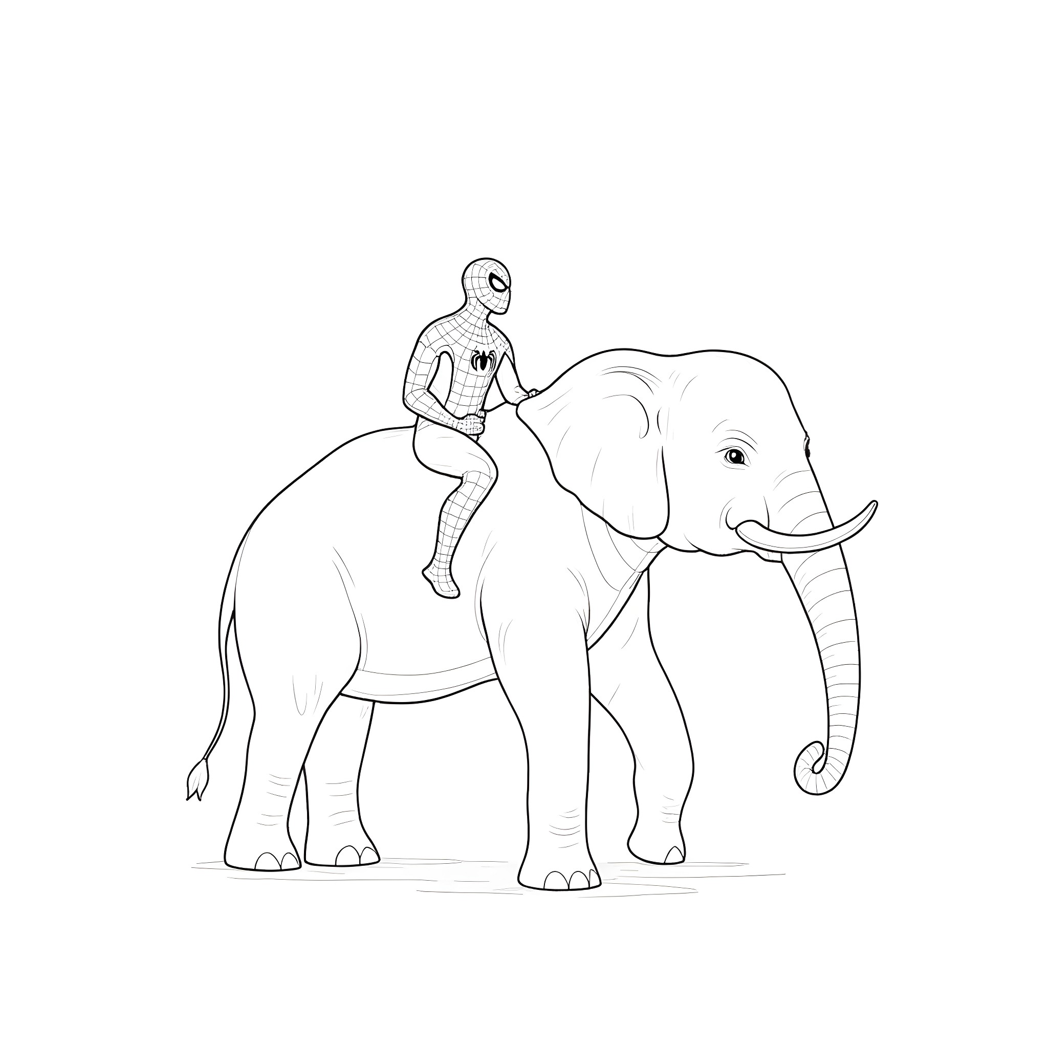 Spiderman rides a friendly elephant Coloring Page (free black-and-white line drawing printable PDF for all, from beginners to advanced learners, including children, teens, adults, and seniors)