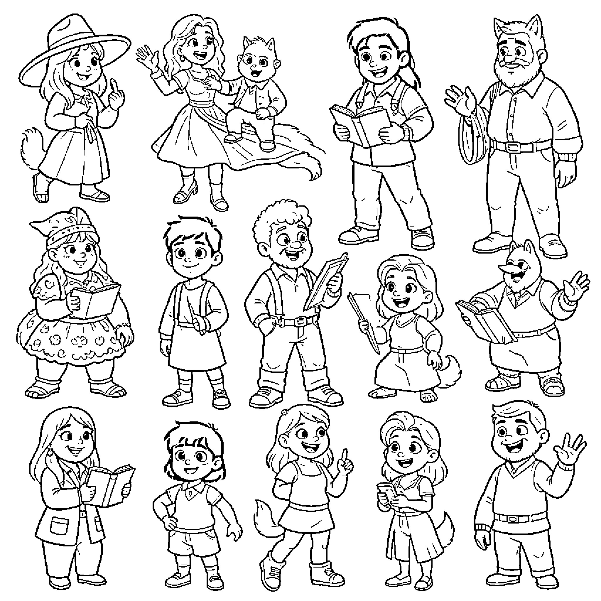 Anime characters smiling and performing various activities Coloring Page (free black-and-white line drawing printable PDF for all, from beginners to advanced learners, including children, teens, adults, and seniors)
