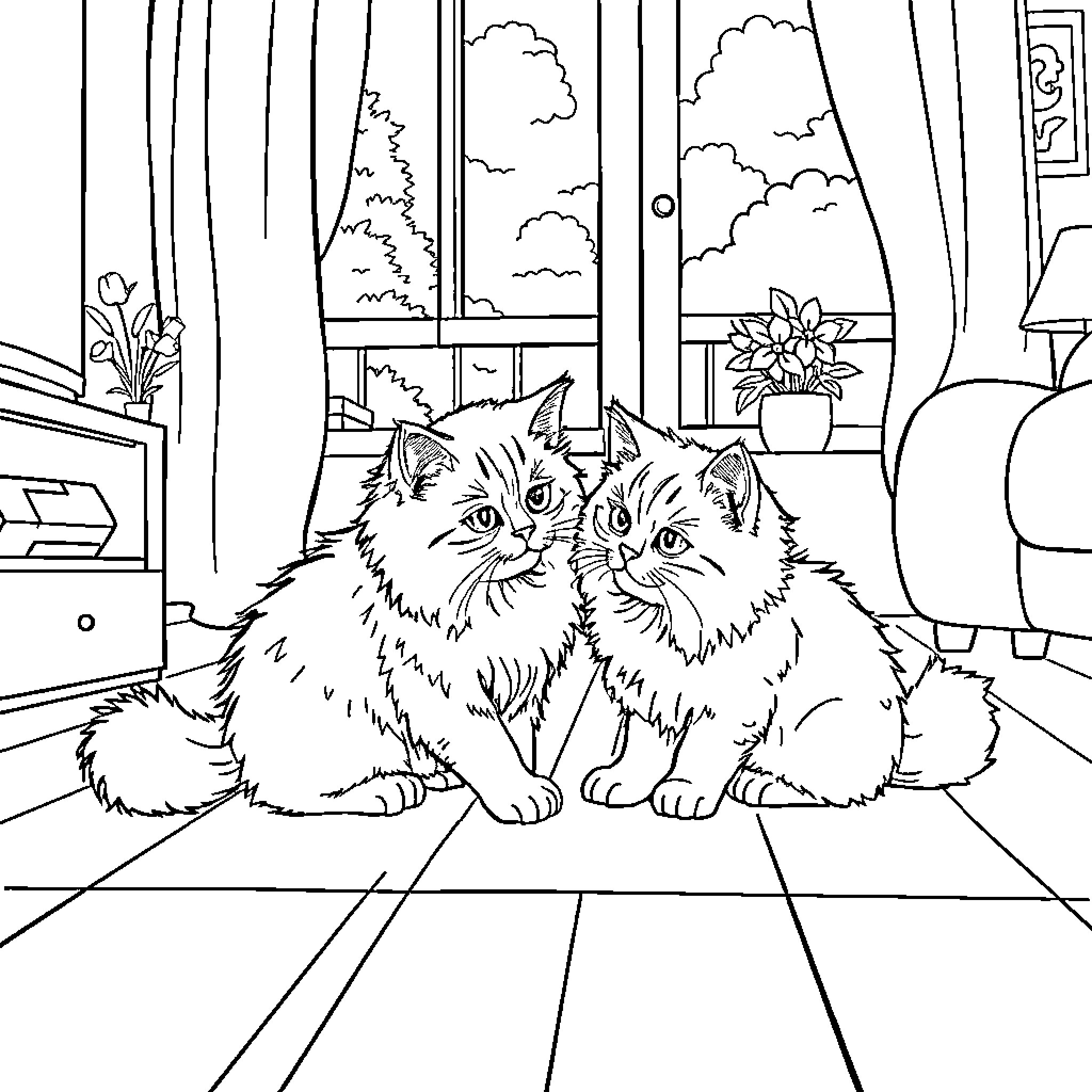 Cat Companions in a Cozy Room Coloring Page (free black-and-white line drawing printable PDF for all, from beginners to advanced learners, including children, teens, adults, and seniors)