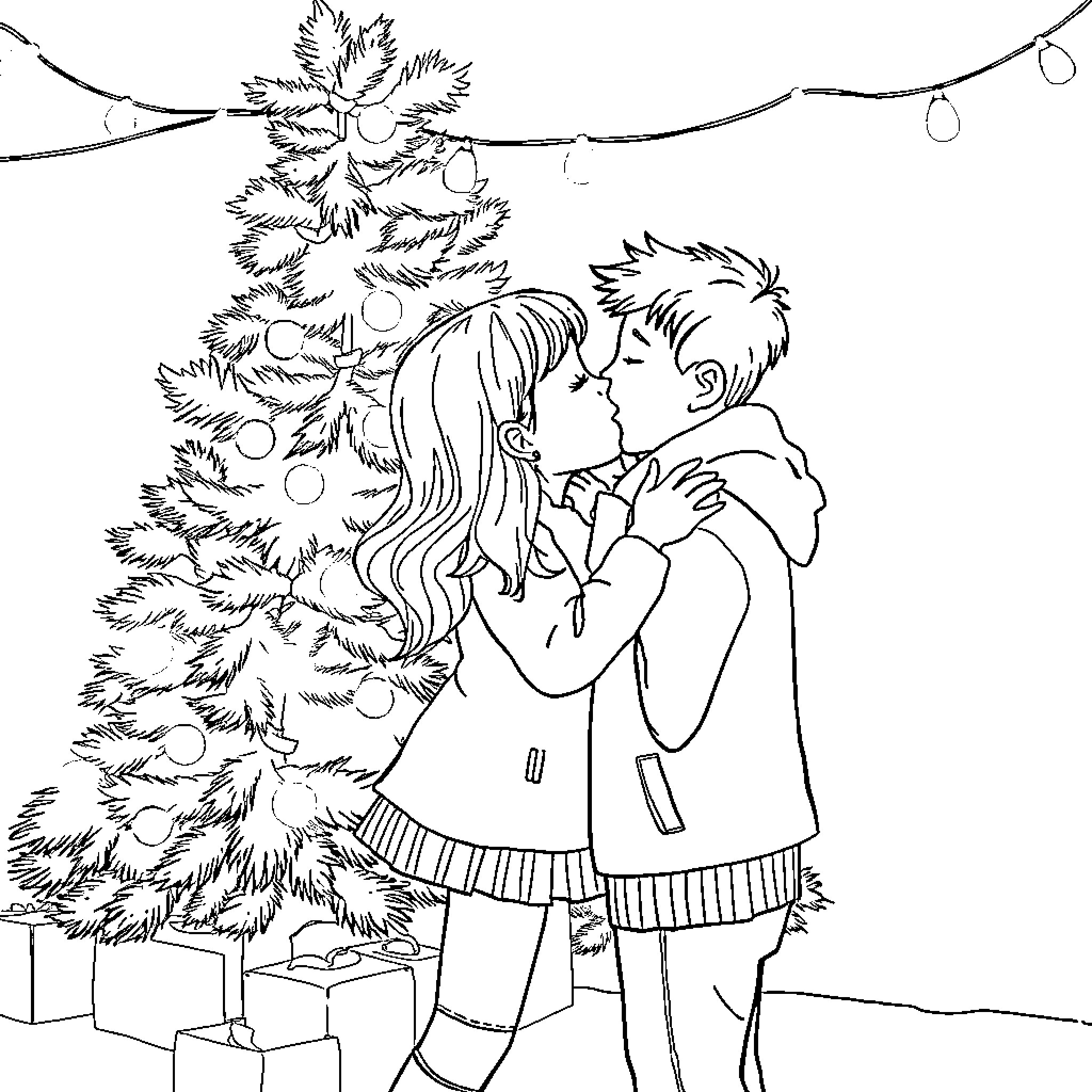 Girl decorating Christmas tree with friend Coloring Page (free black-and-white line drawing printable PDF for all, from beginners to advanced learners, including children, teens, adults, and seniors)