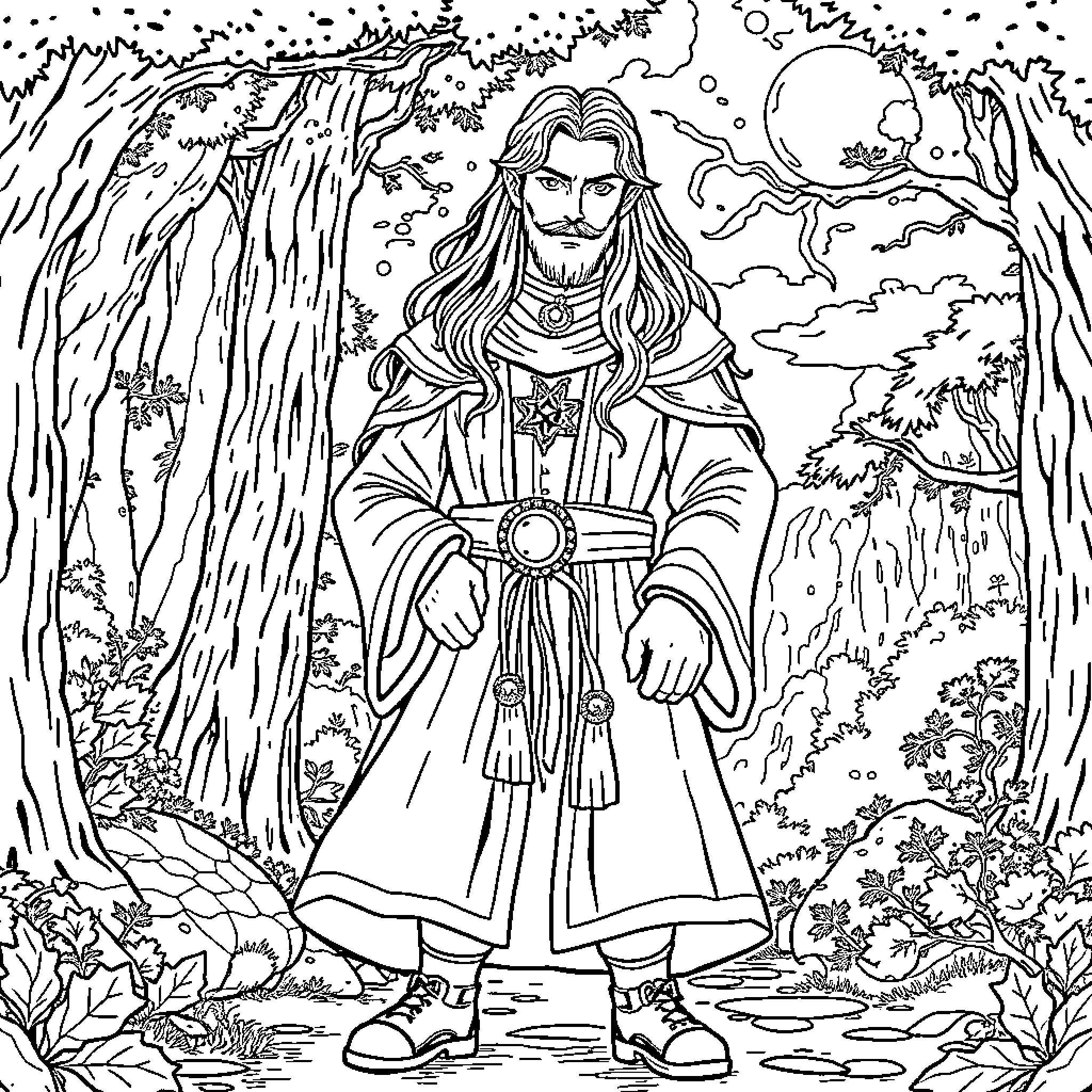 William Vangeance standing majestically in the enchanted forest Coloring Page (free black-and-white line drawing printable PDF for all, from beginners to advanced learners, including children, teens, adults, and seniors)