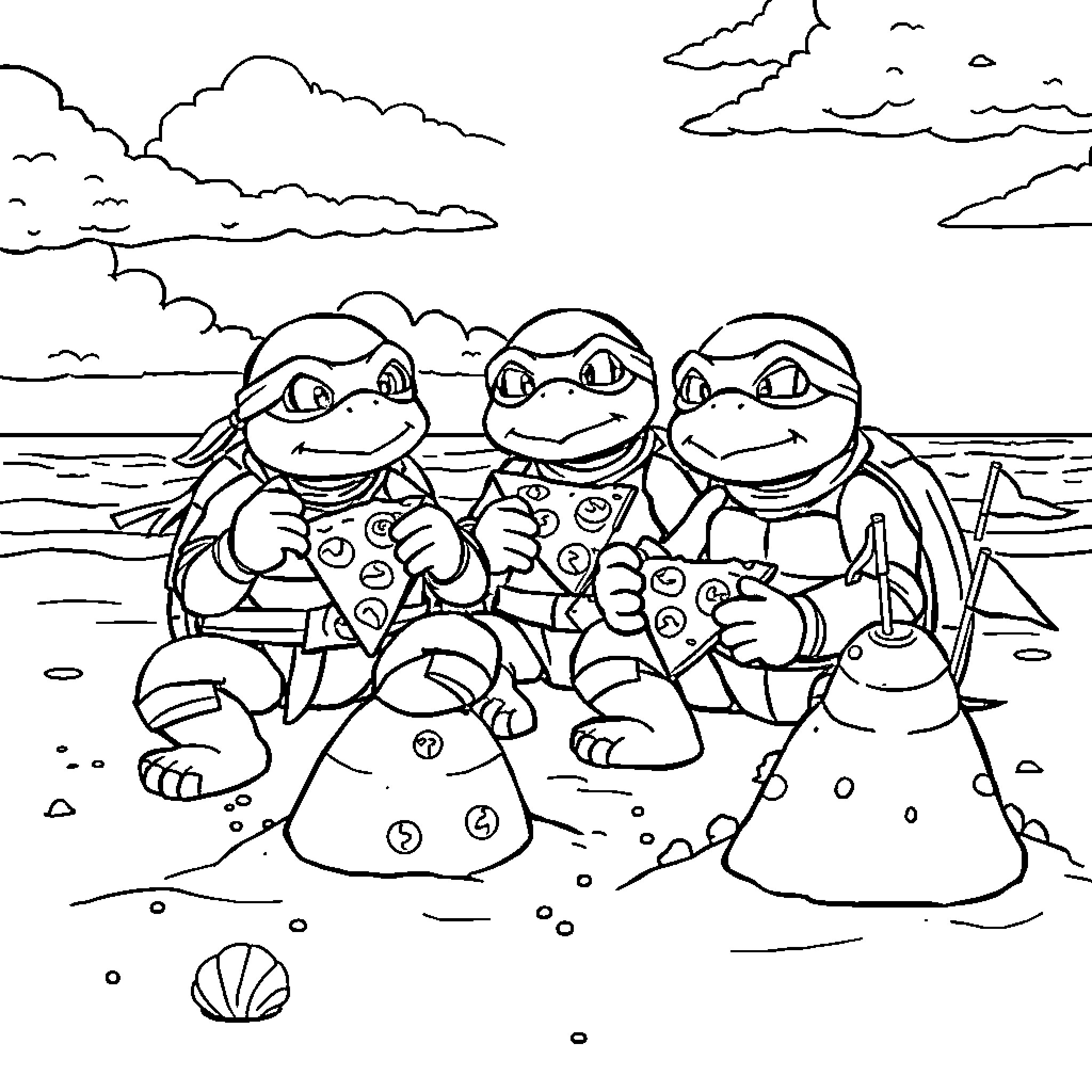 Ninja Turtles building sandcastles on the beach Coloring Page (free black-and-white line drawing printable PDF for all, from beginners to advanced learners, including children, teens, adults, and seniors)