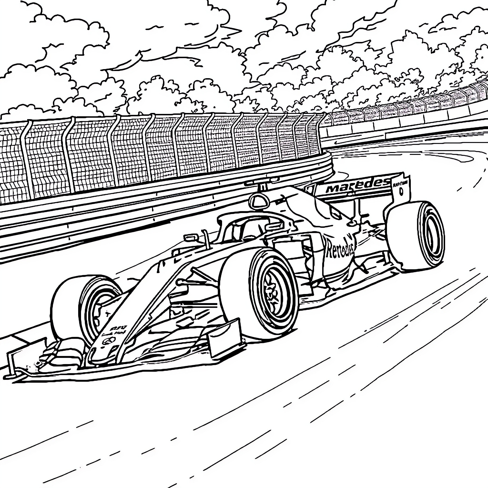 Formula 1 race car speeding on racing track Coloring Page (free black-and-white line drawing printable PDF for all, from beginners to advanced learners, including children, teens, adults, and seniors)