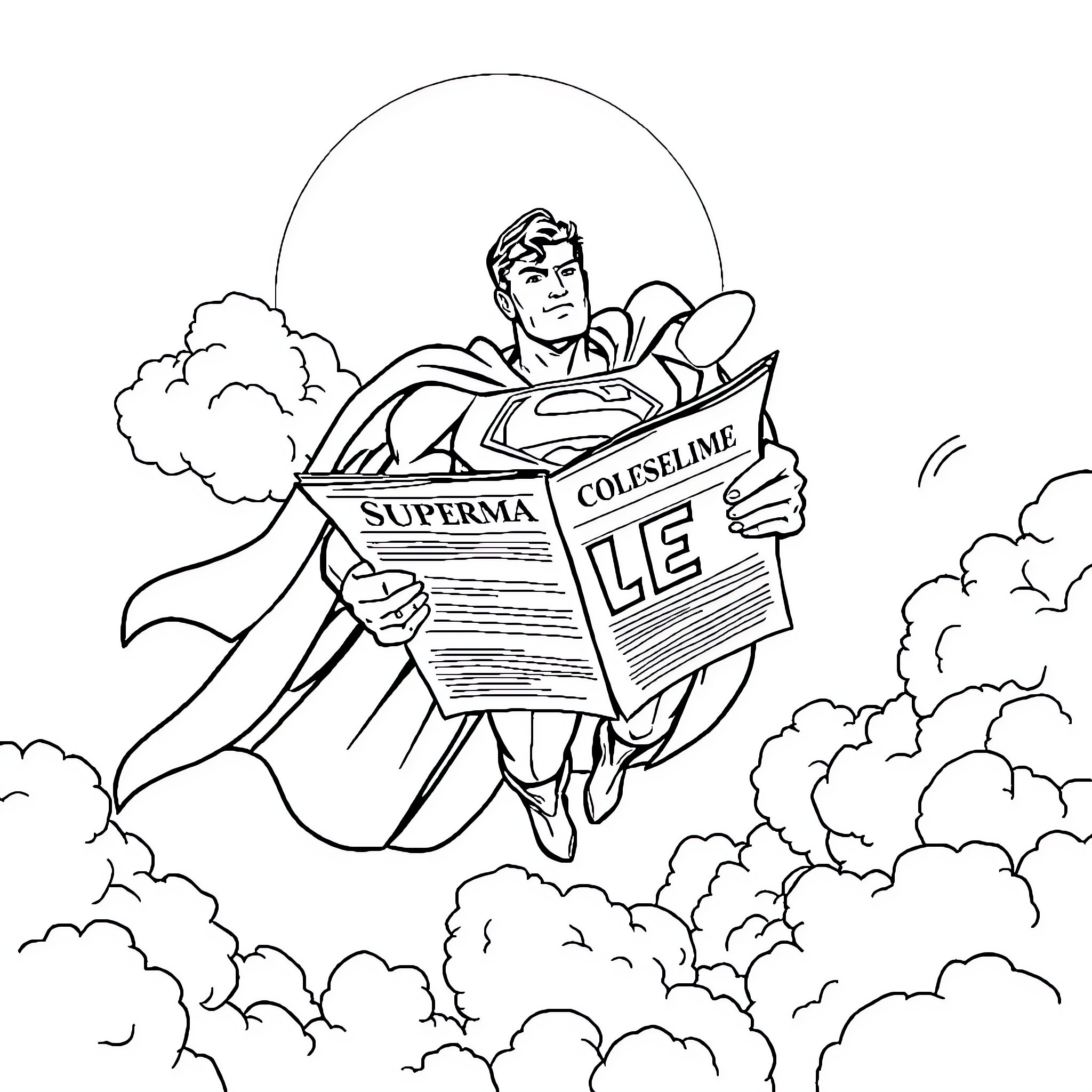 Superman reading a newspaper in the sky Coloring Page (free black-and-white line drawing printable PDF for all, from beginners to advanced learners, including children, teens, adults, and seniors)