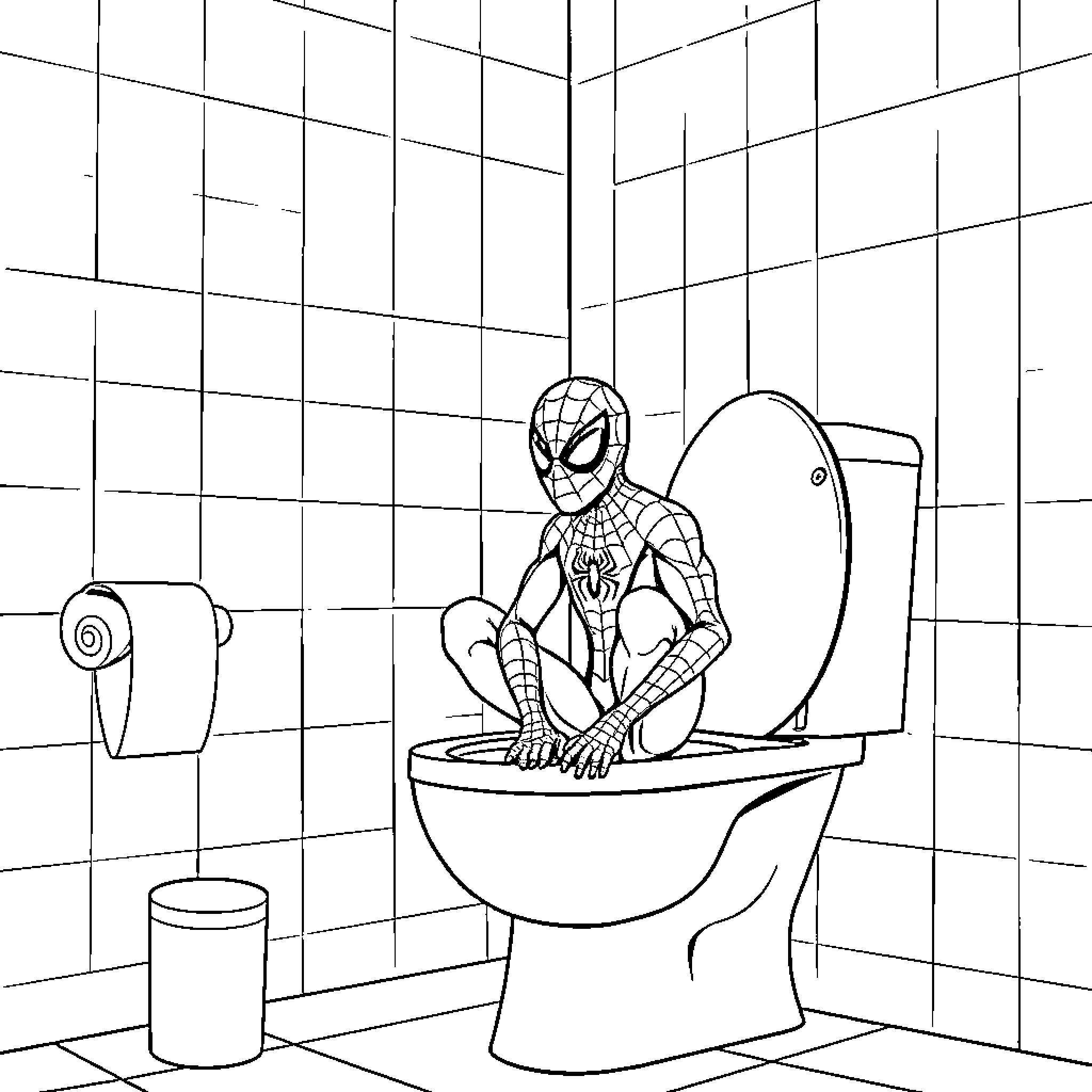 Spider-Man sitting on toilet in bathroom Coloring Page (free black-and-white line drawing printable PDF for all, from beginners to advanced learners, including children, teens, adults, and seniors)