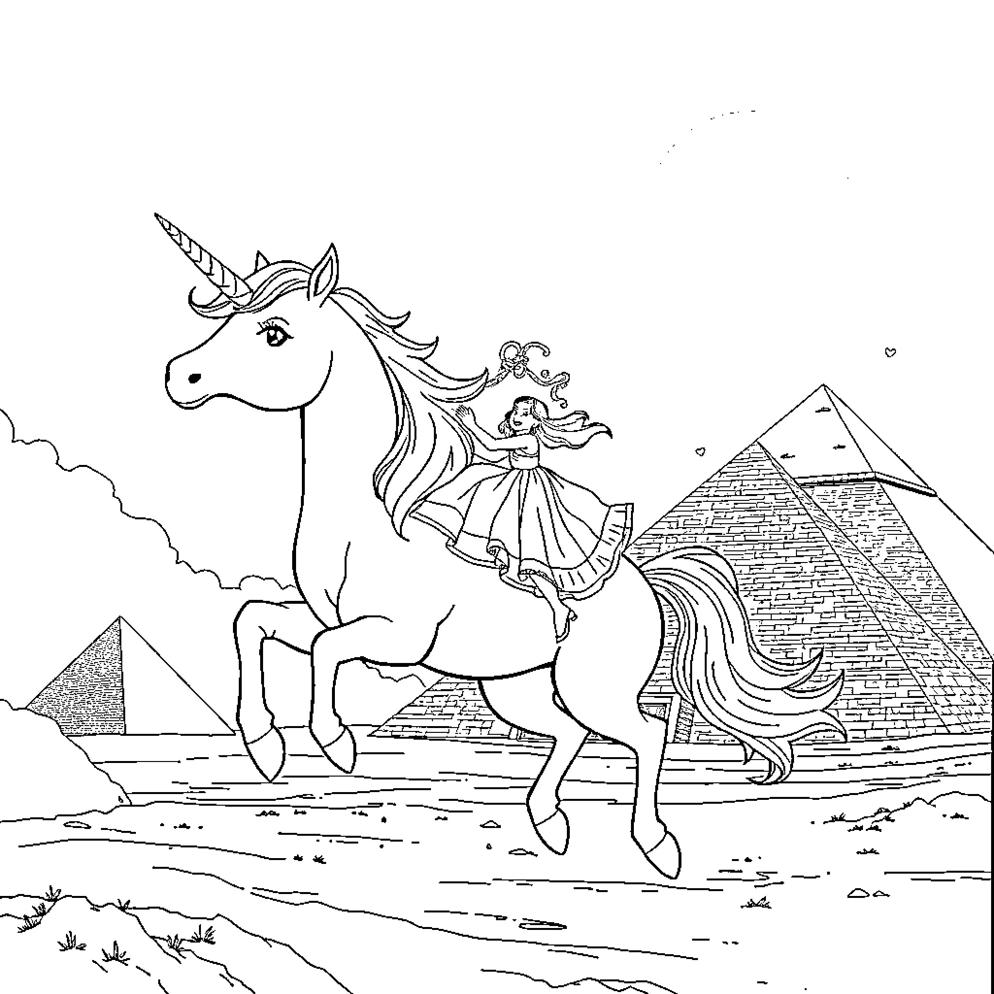 Unicorn and Princess Riding Through Ancient Ruins Coloring Page (free black-and-white line drawing printable PDF for all, from beginners to advanced learners, including children, teens, adults, and seniors)