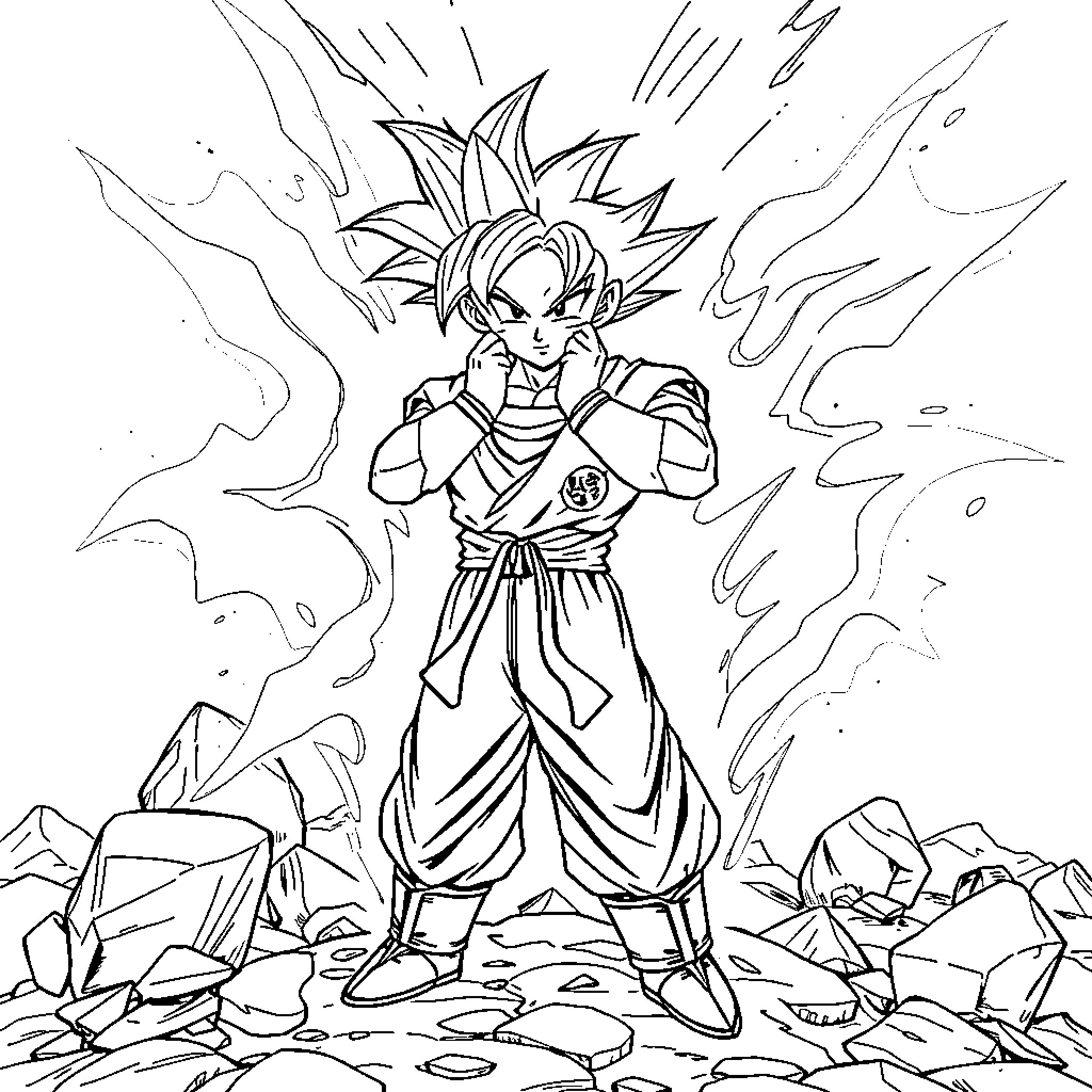 Goku's Powerful Stance Amid Dramatic Surroundings Coloring Page (free black-and-white line drawing printable PDF for all, from beginners to advanced learners, including children, teens, adults, and seniors)