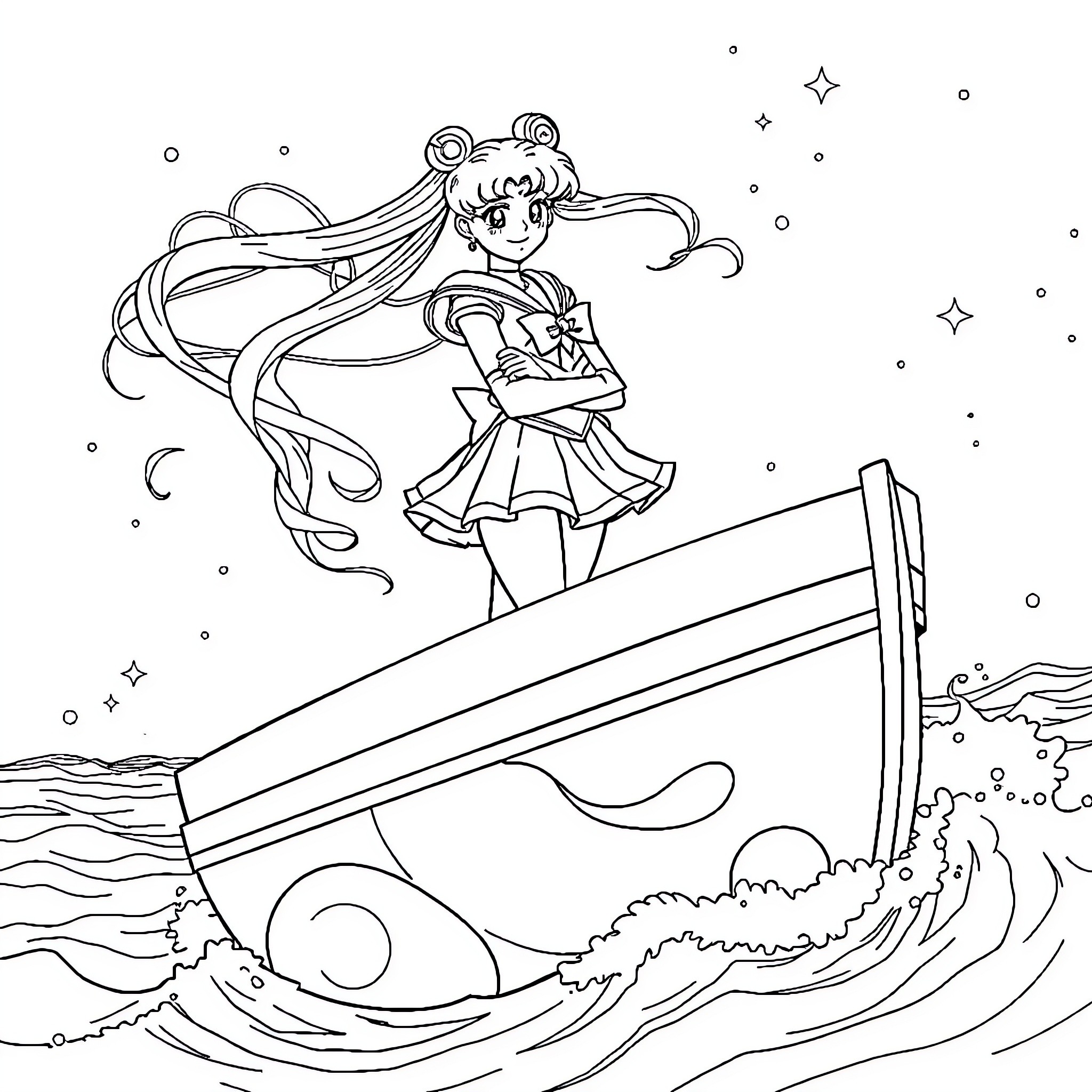 Sailor Moon heroically sailing on a boat against the waves Coloring Page (free black-and-white line drawing printable PDF for all, from beginners to advanced learners, including children, teens, adults, and seniors)