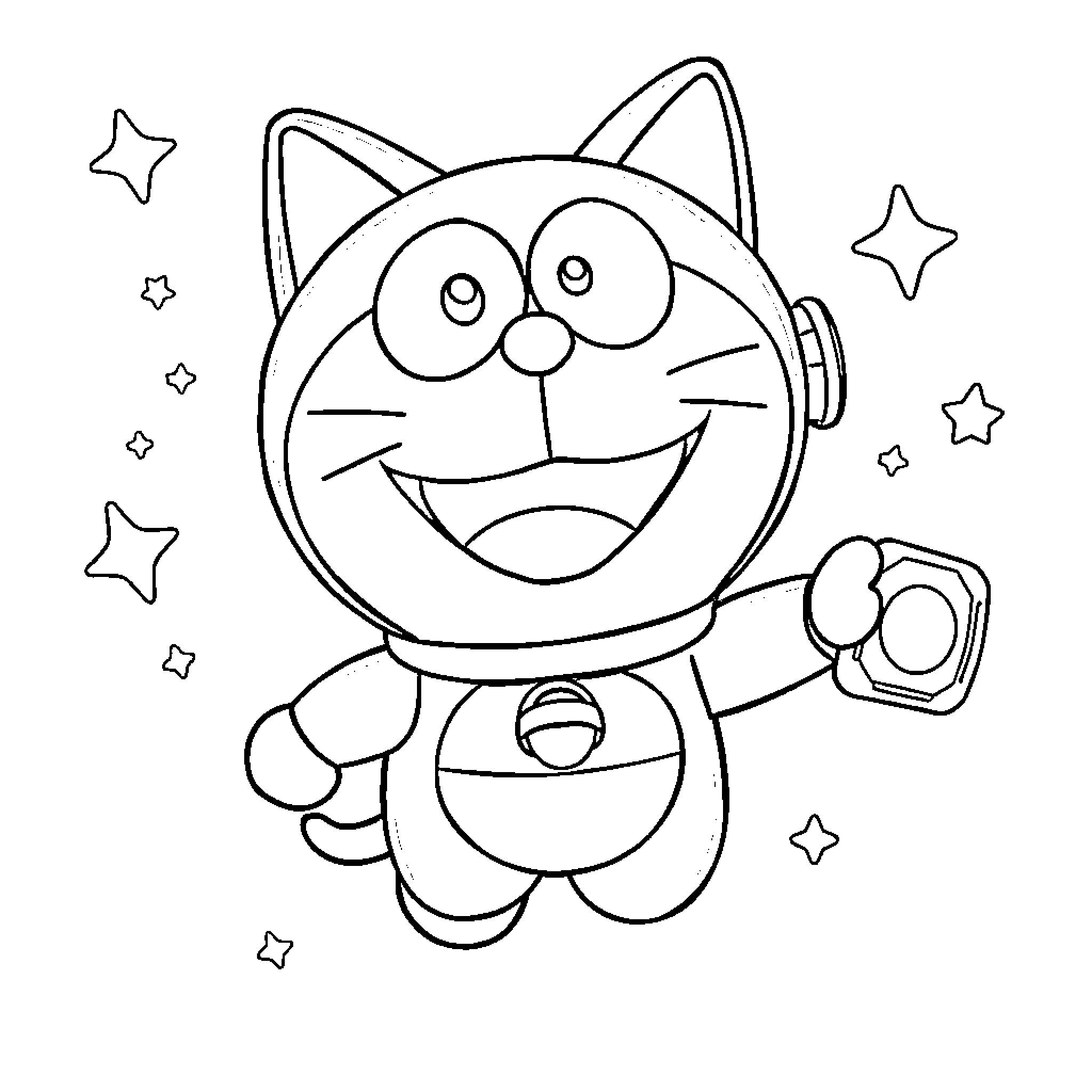 Doraemon happily floating among the stars Coloring Page (free black-and-white line drawing printable PDF for all, from beginners to advanced learners, including children, teens, adults, and seniors)