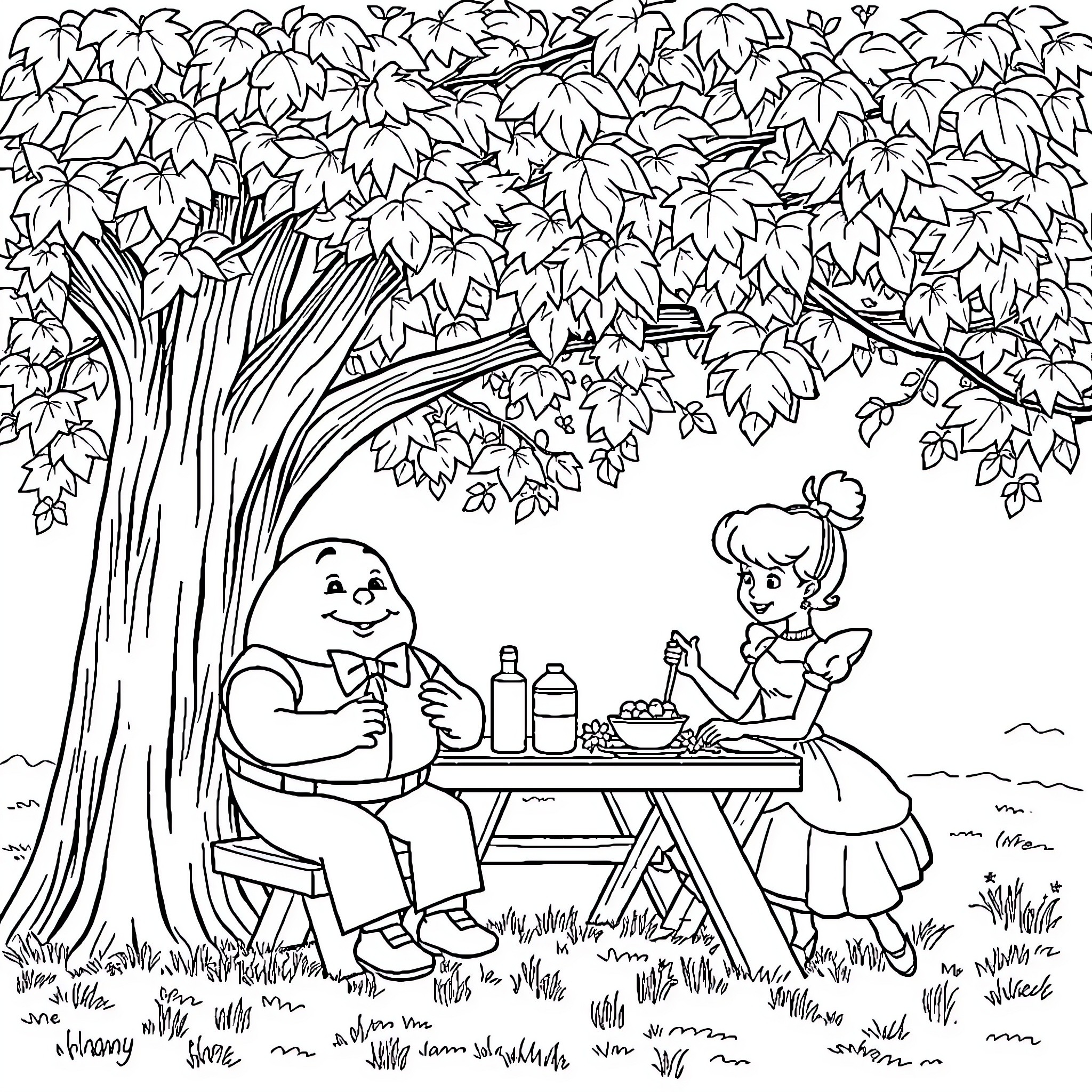 Humpty Dumpty enjoying a picnic with a young girl Coloring Page (free black-and-white line drawing printable PDF for all, from beginners to advanced learners, including children, teens, adults, and seniors)