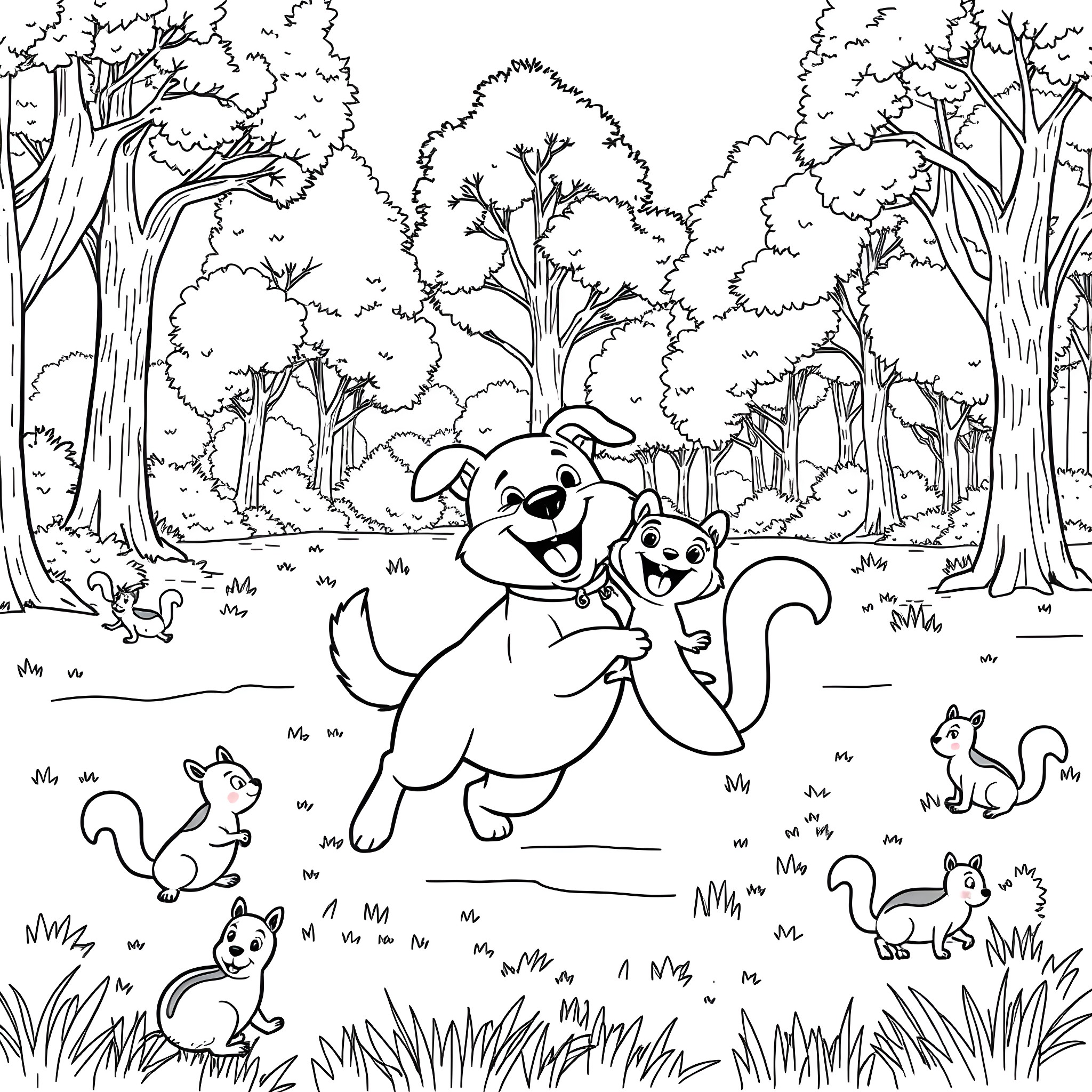 Dogman Frolics with Furry Friends in the Forest Coloring Page (free black-and-white line drawing printable PDF for all, from beginners to advanced learners, including children, teens, adults, and seniors)