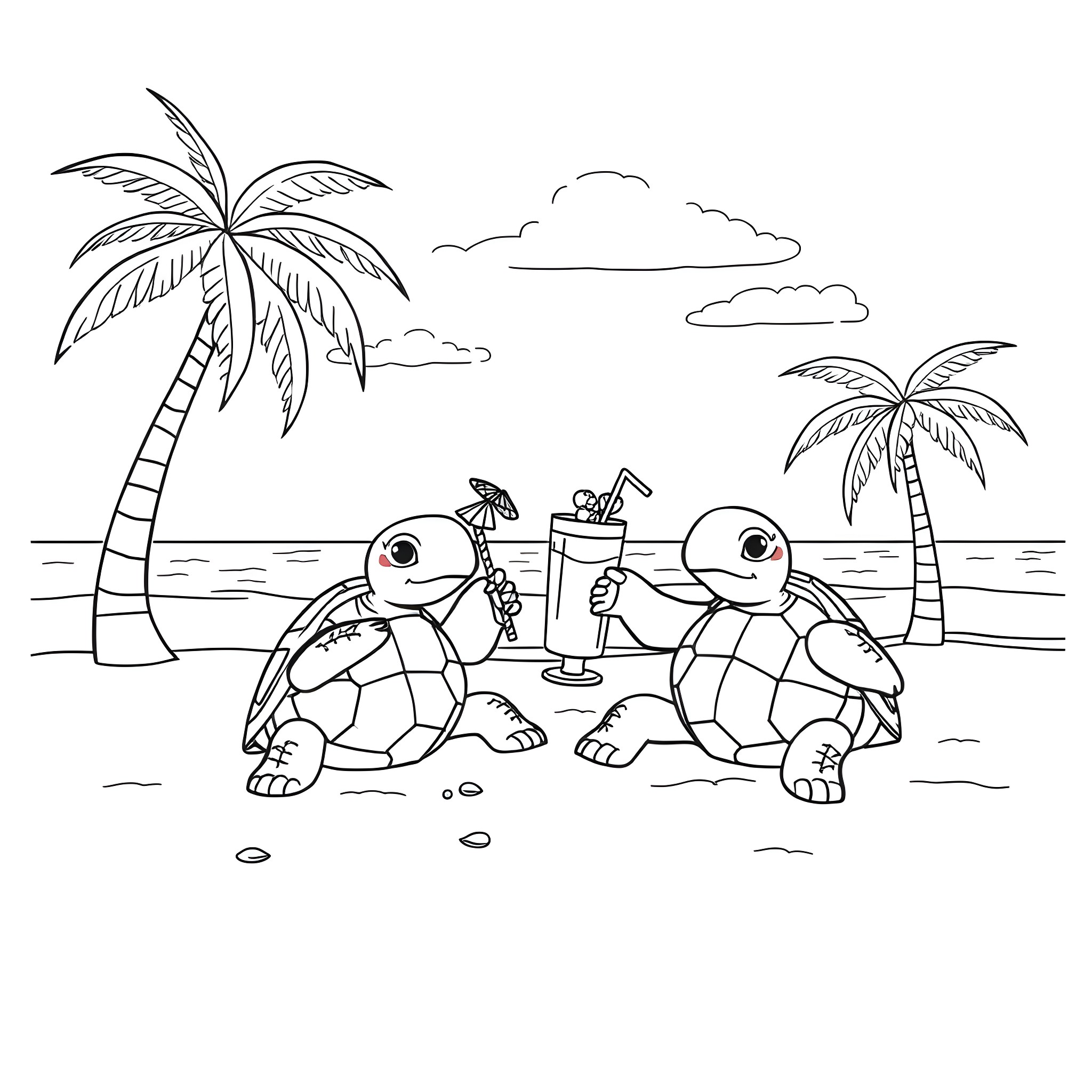 Turtles enjoying beach day with tropical drinks Coloring Page (free black-and-white line drawing printable PDF for all, from beginners to advanced learners, including children, teens, adults, and seniors)